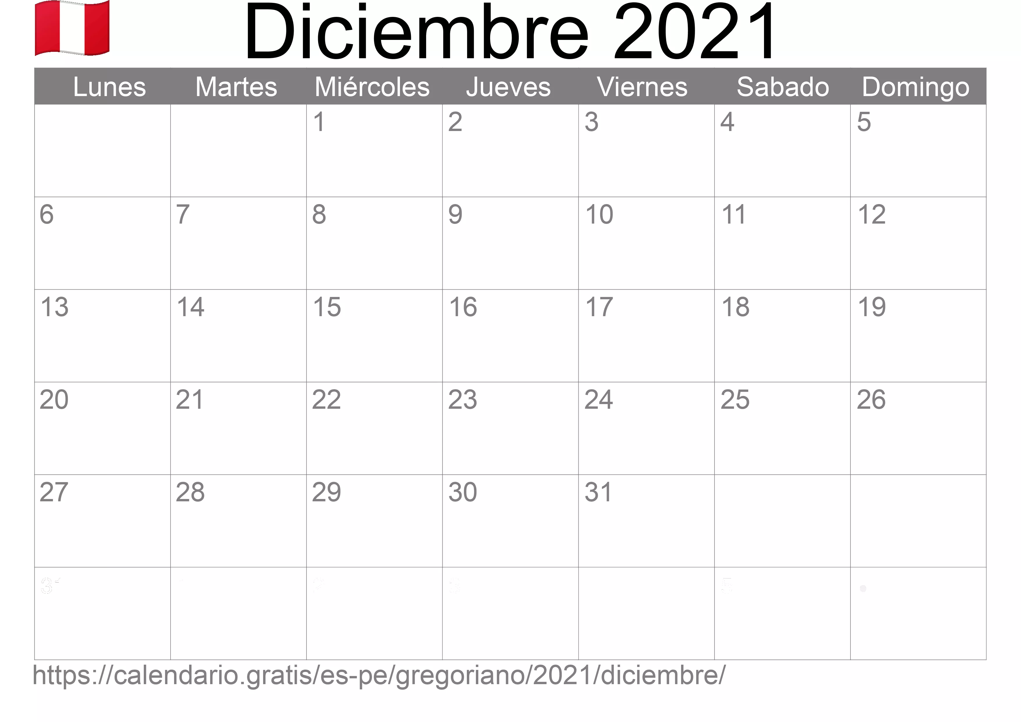 Calendario Diciembre 2021 para imprimir (Perú)