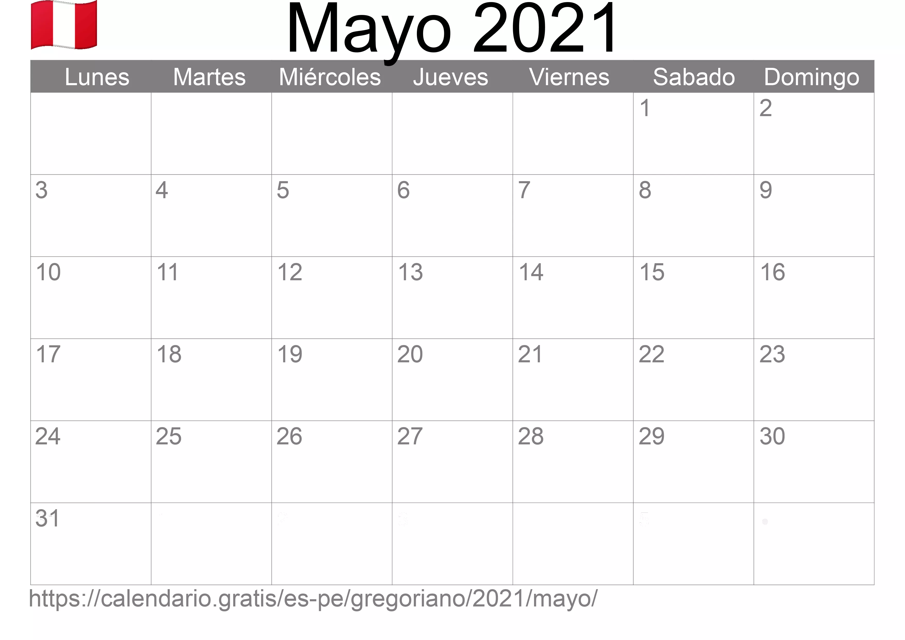 Calendario Mayo 2021 para imprimir (Perú)