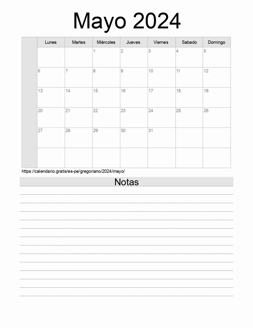 Calendario Mayo 2024 para imprimir con notas. (Perú)