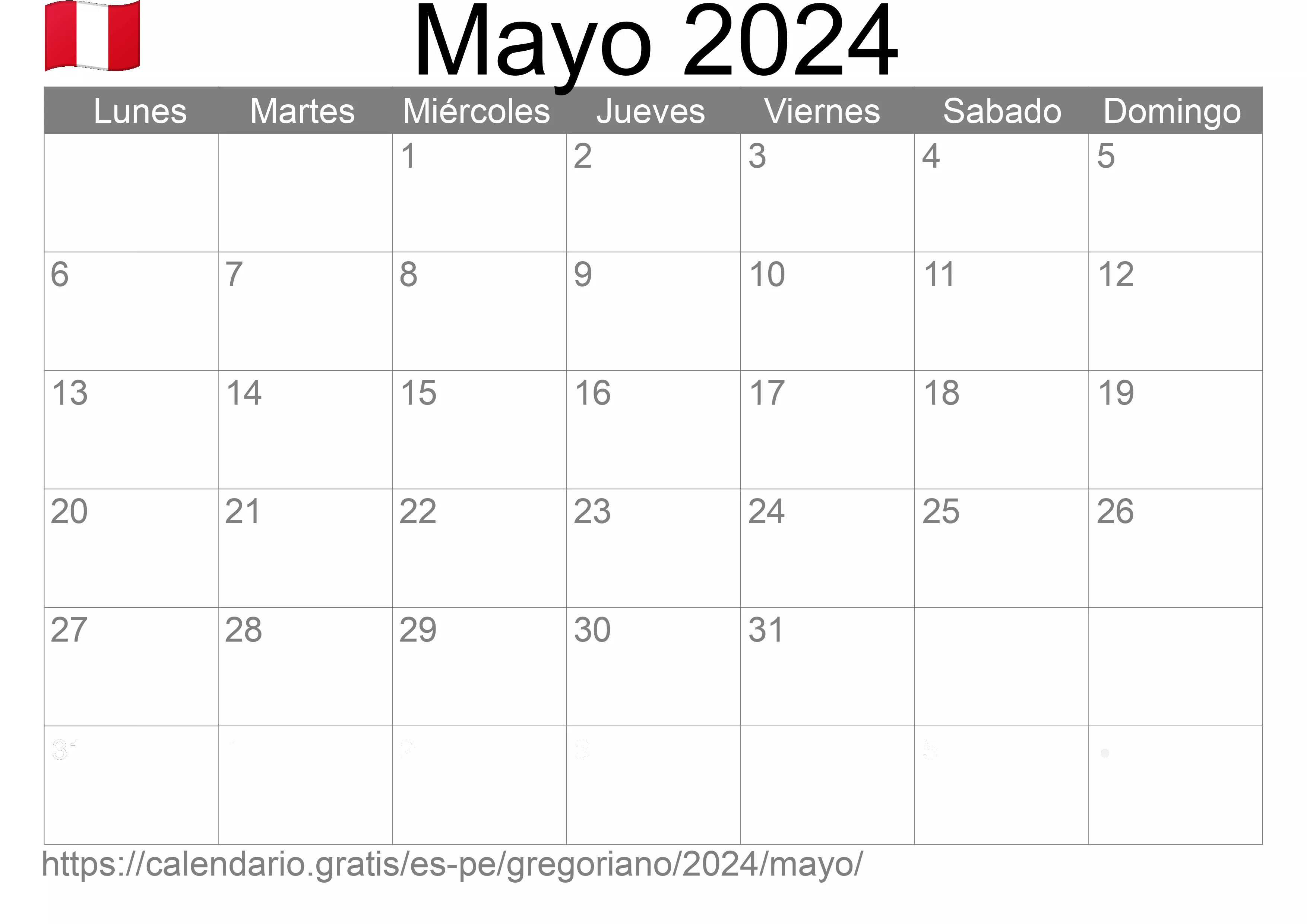 Calendario Mayo 2024 para imprimir (Perú)
