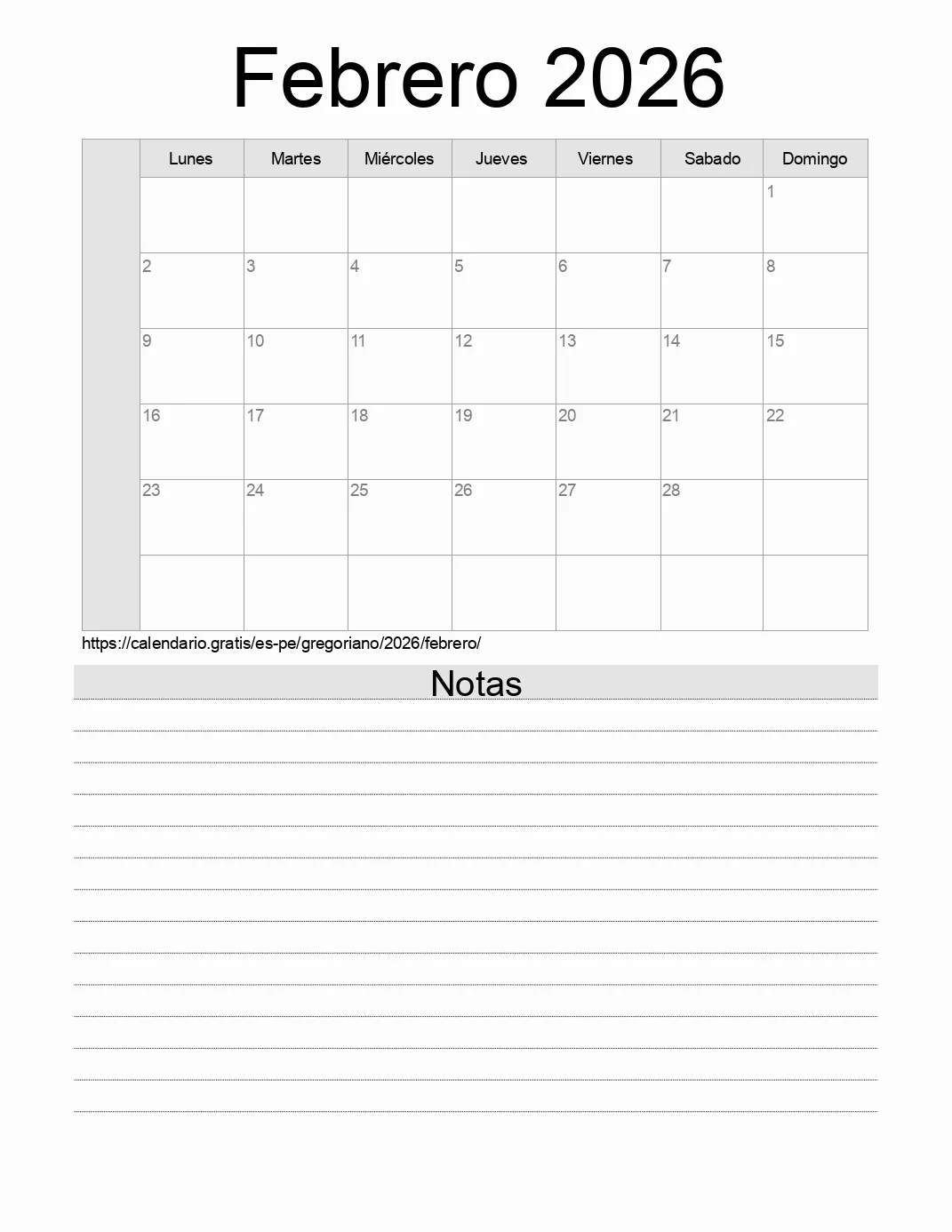 Calendario Febrero 2026 para imprimir con notas. (Perú)