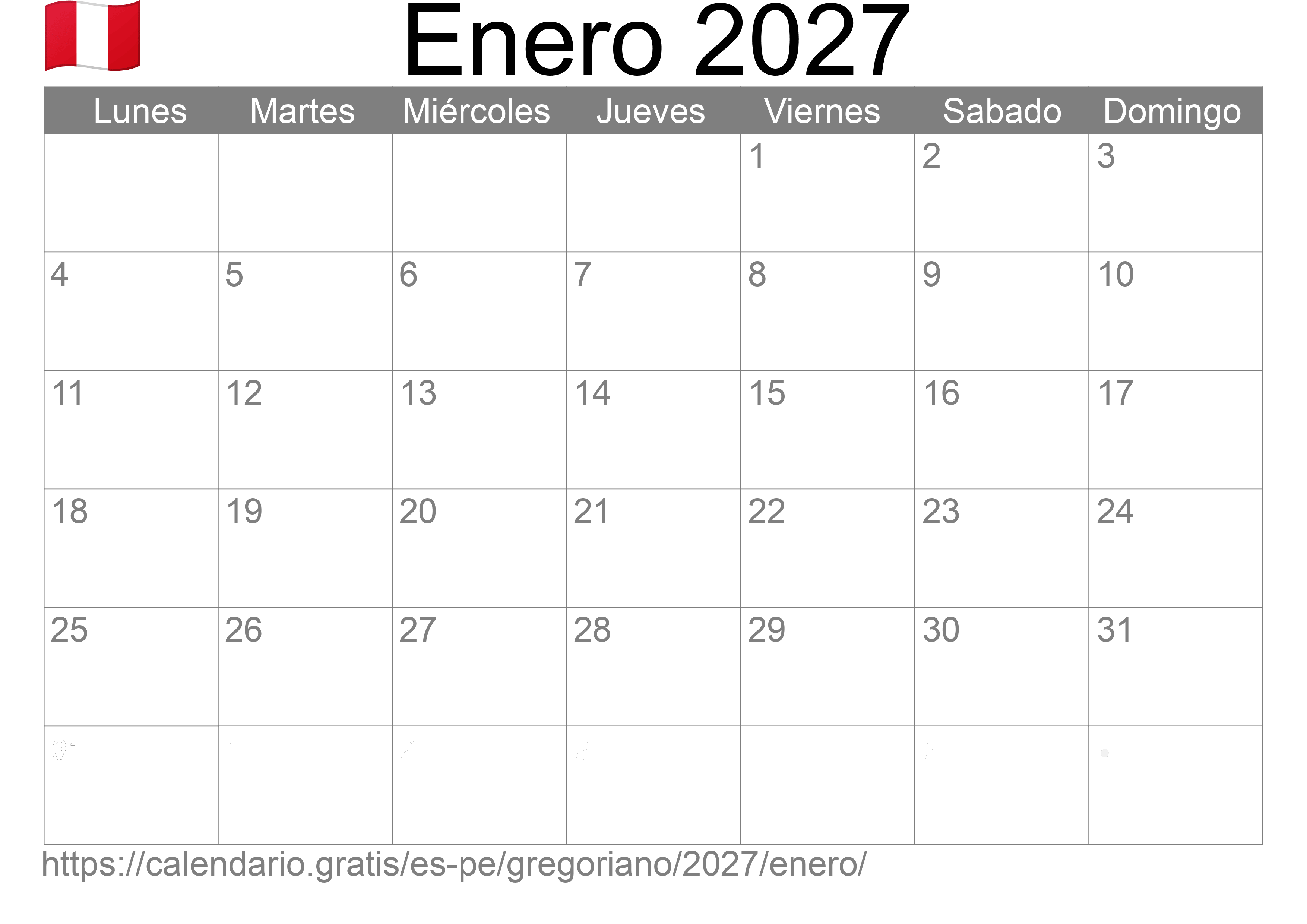 Calendario Enero 2027 para imprimir