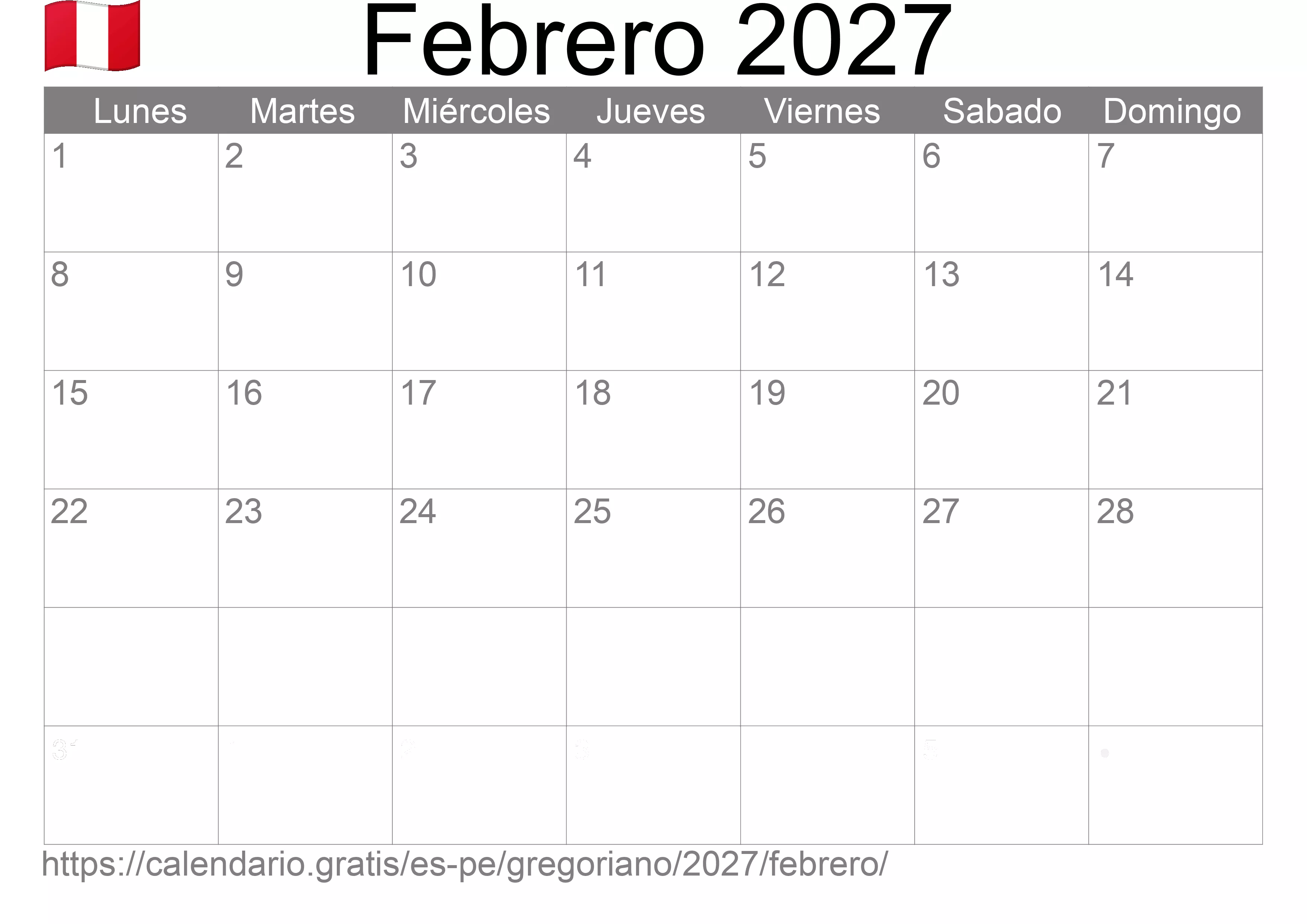 Calendario Febrero 2027 para imprimir (Perú)