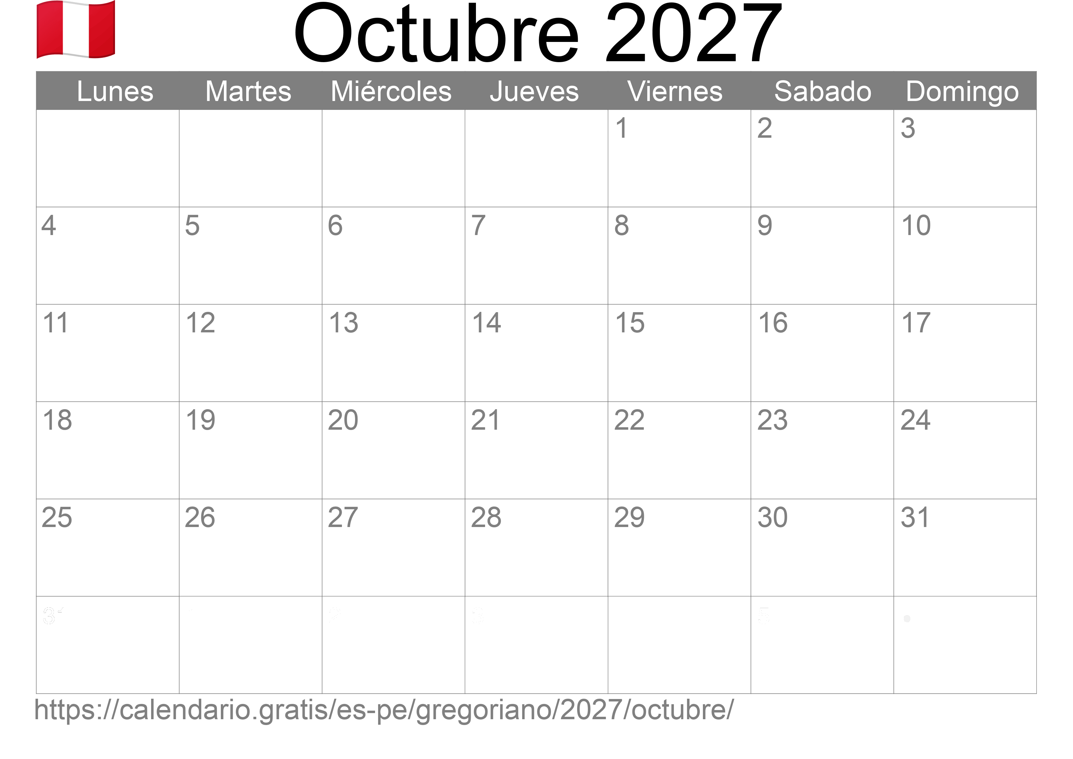 Calendario Octubre 2027 para imprimir