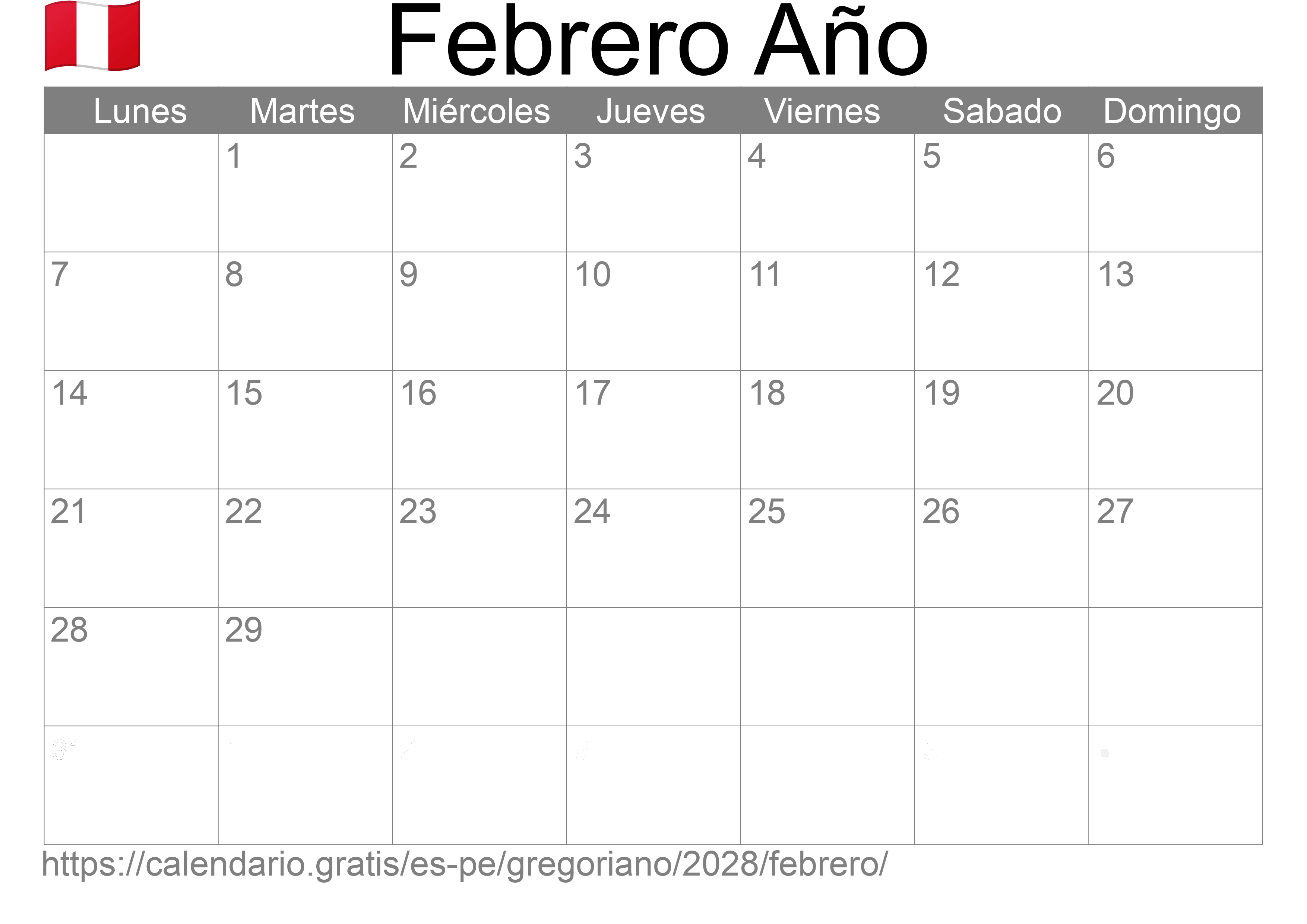 Calendario Febrero 2028 para imprimir