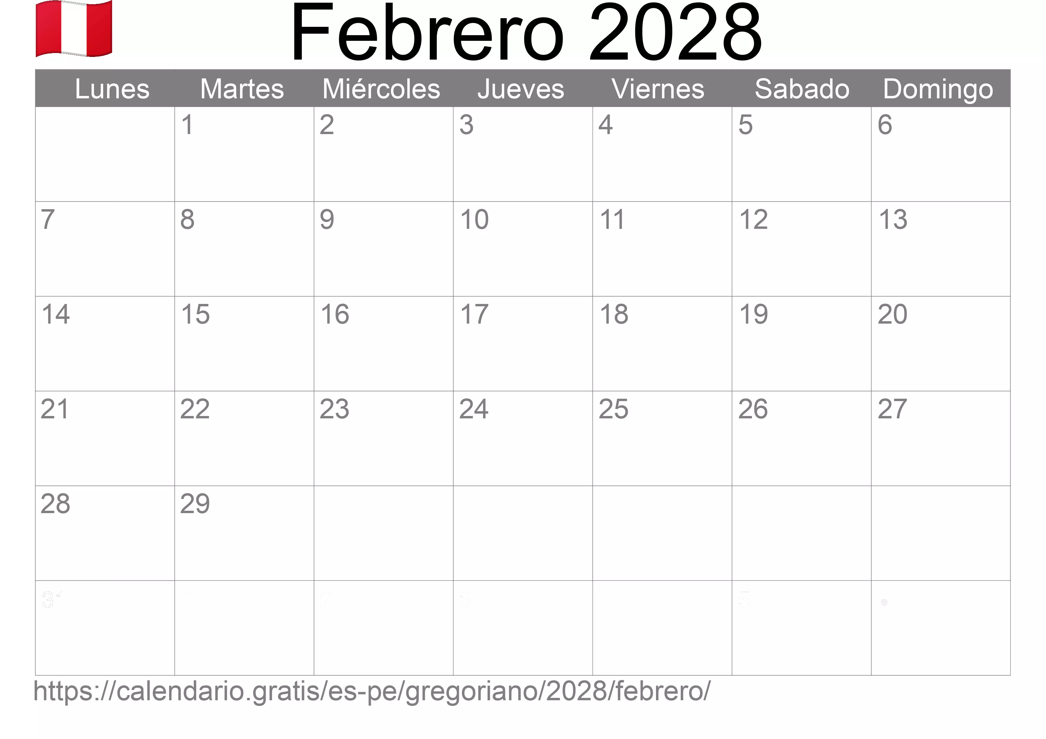 Calendario Febrero 2028 para imprimir (Perú)
