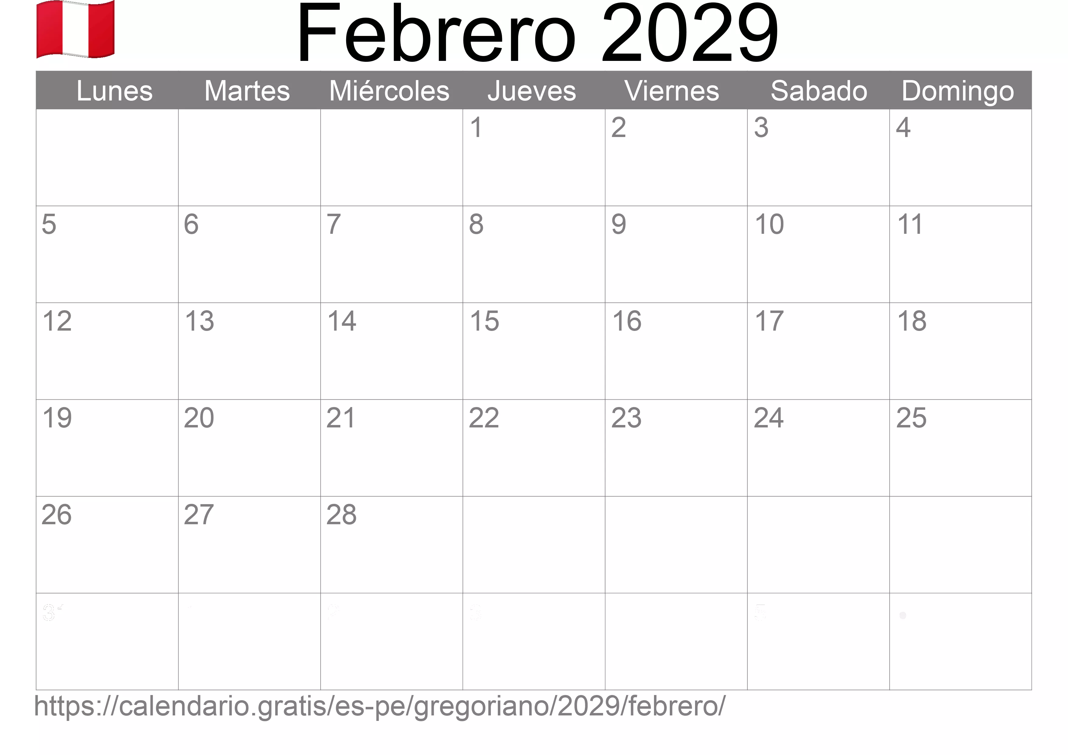 Calendario Febrero 2029 para imprimir (Perú)