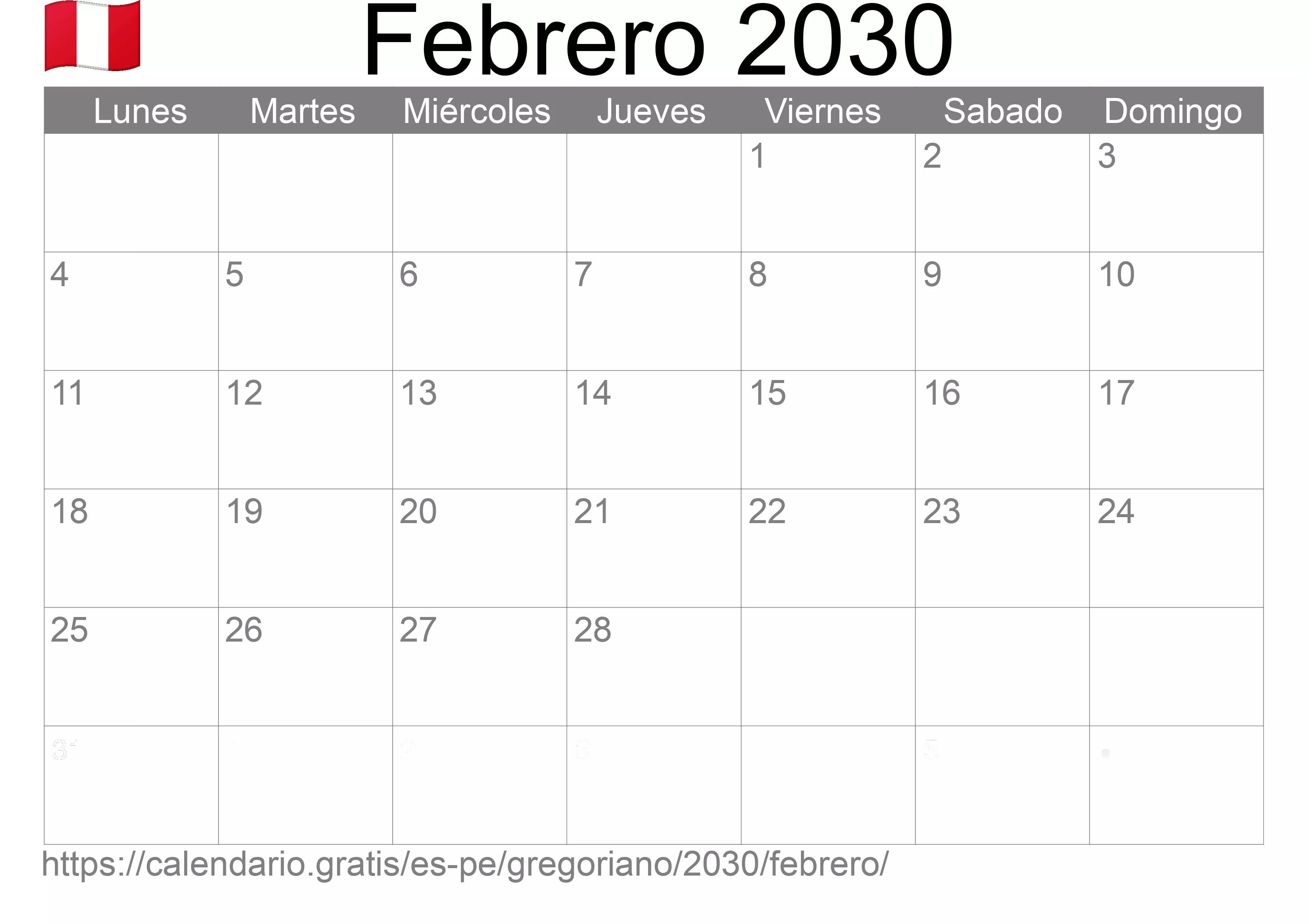 Calendario Febrero 2030 para imprimir (Perú)