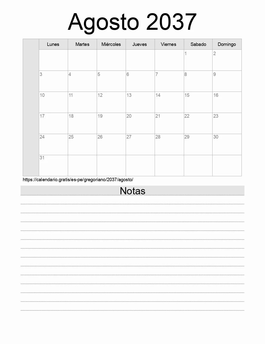 Calendario Agosto 2037 para imprimir con notas. (Perú)