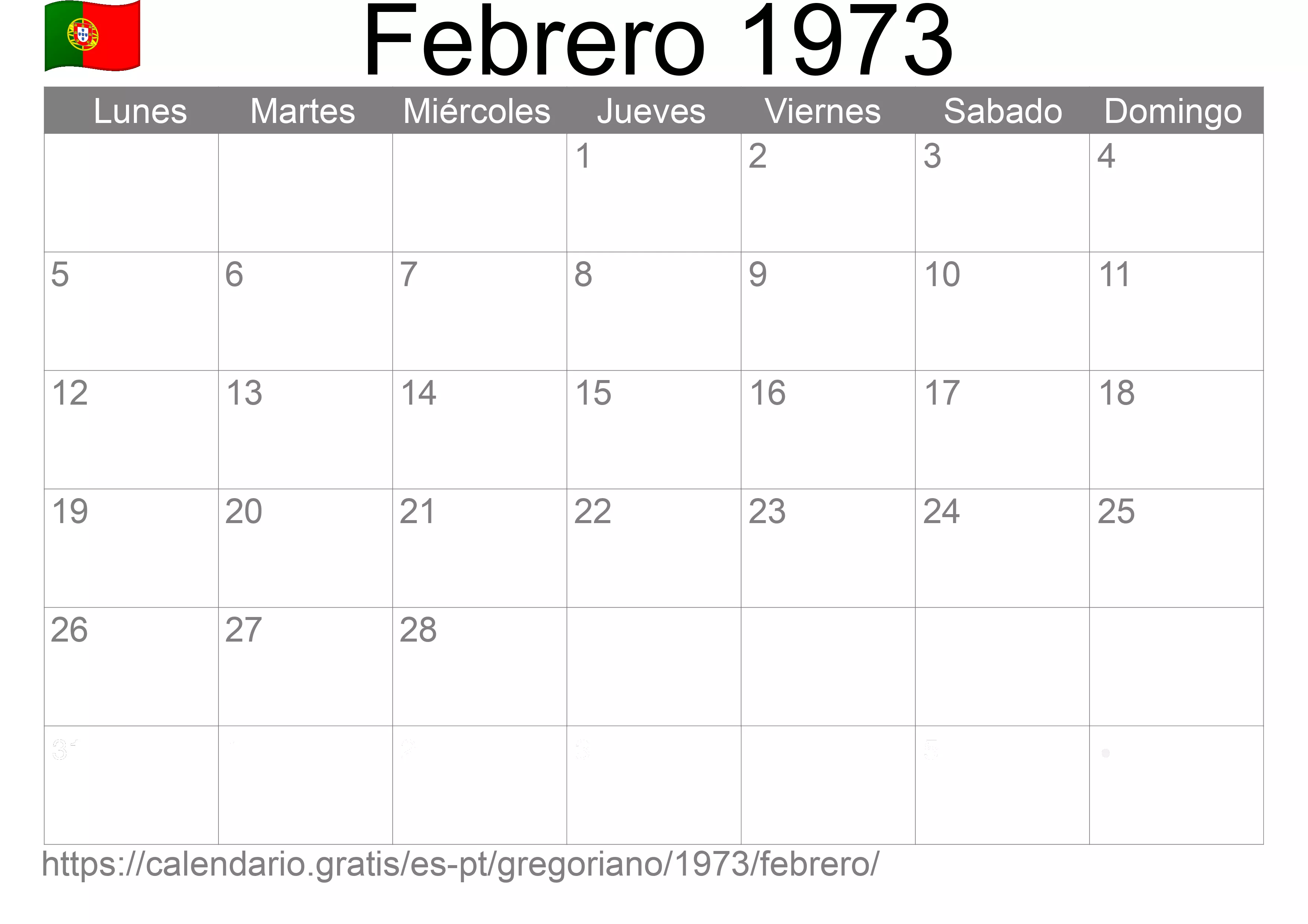 Calendario Febrero 1973 para imprimir (Portugal)