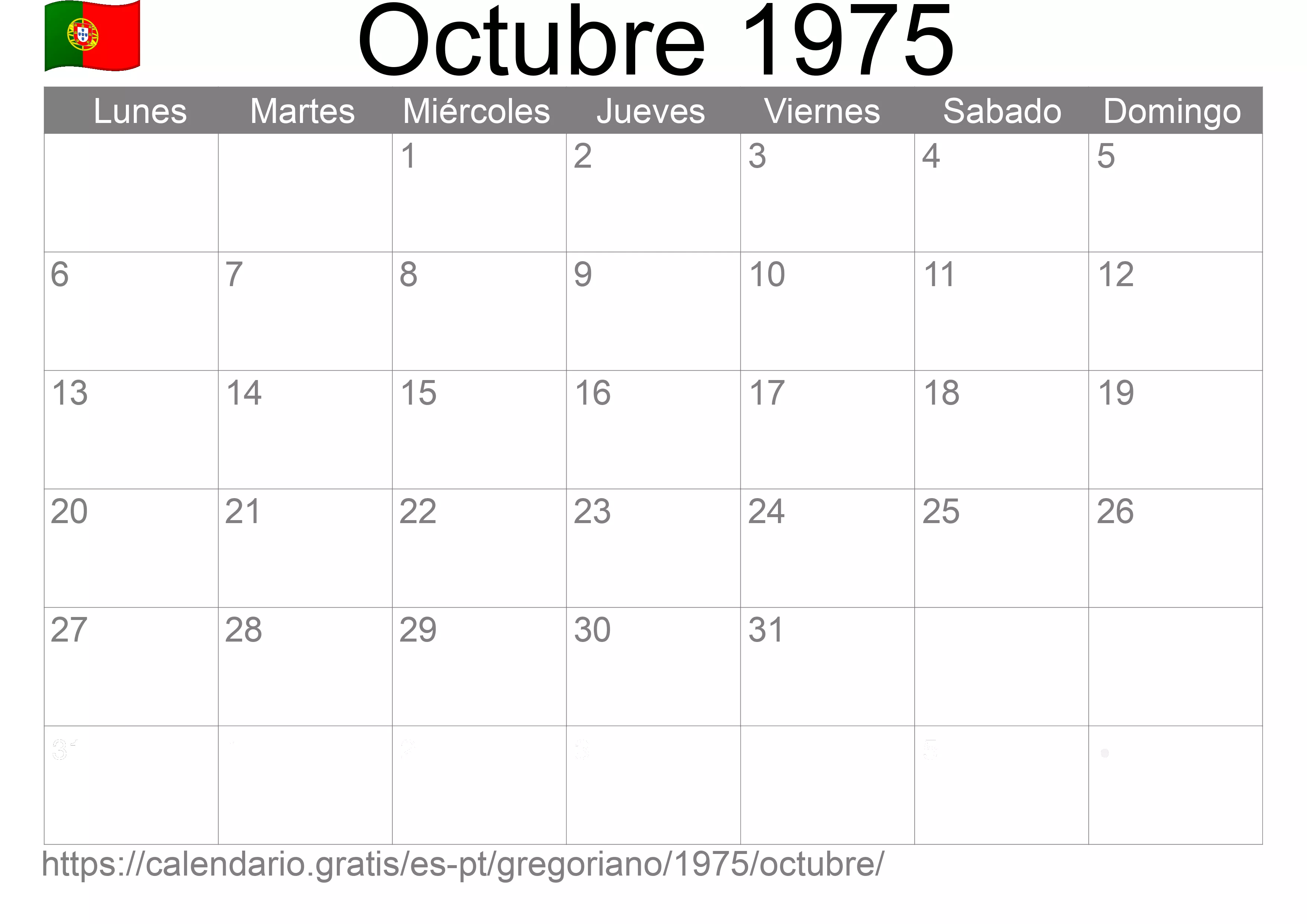 Calendario Octubre 1975 para imprimir (Portugal)