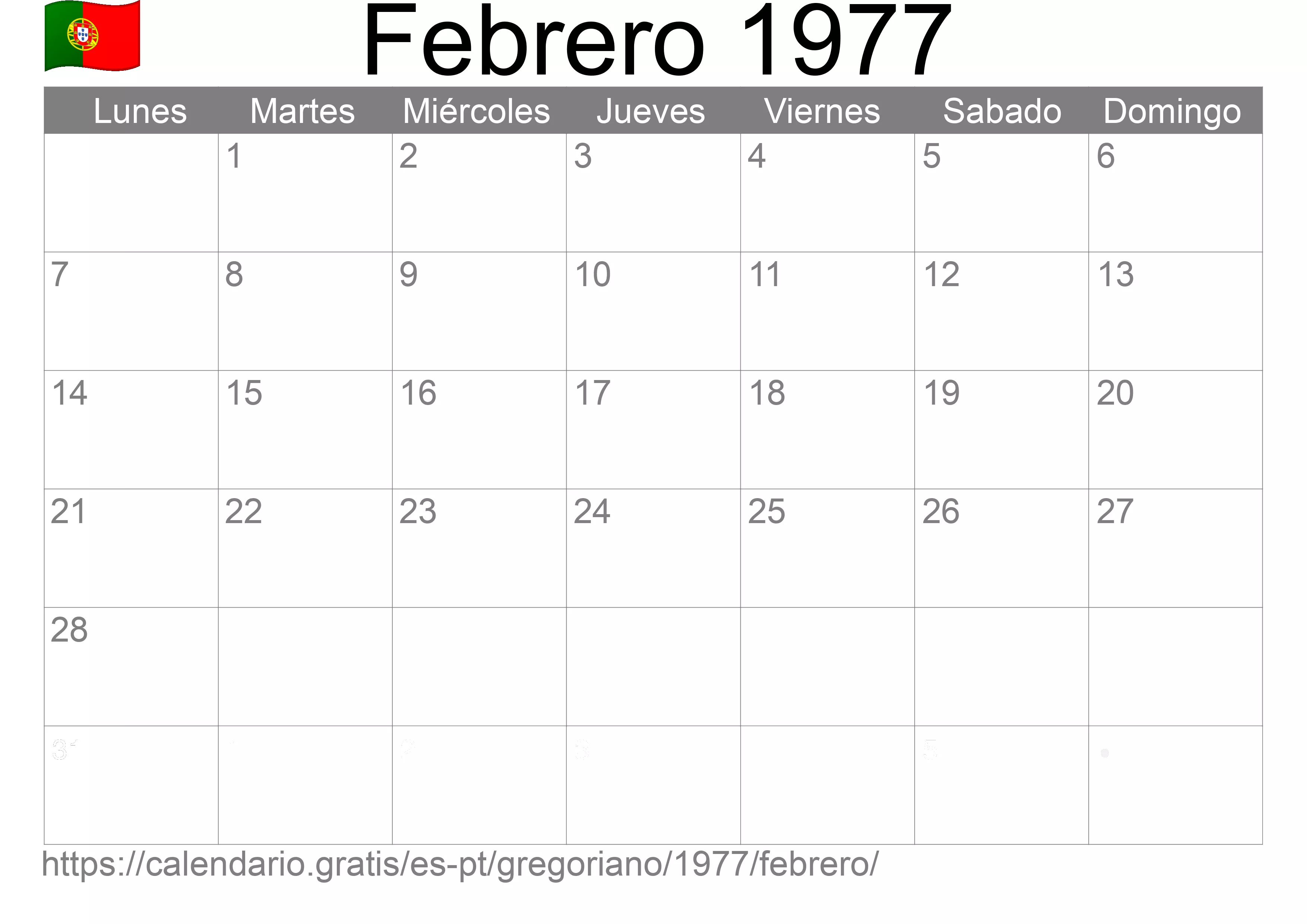 Calendario Febrero 1977 para imprimir (Portugal)