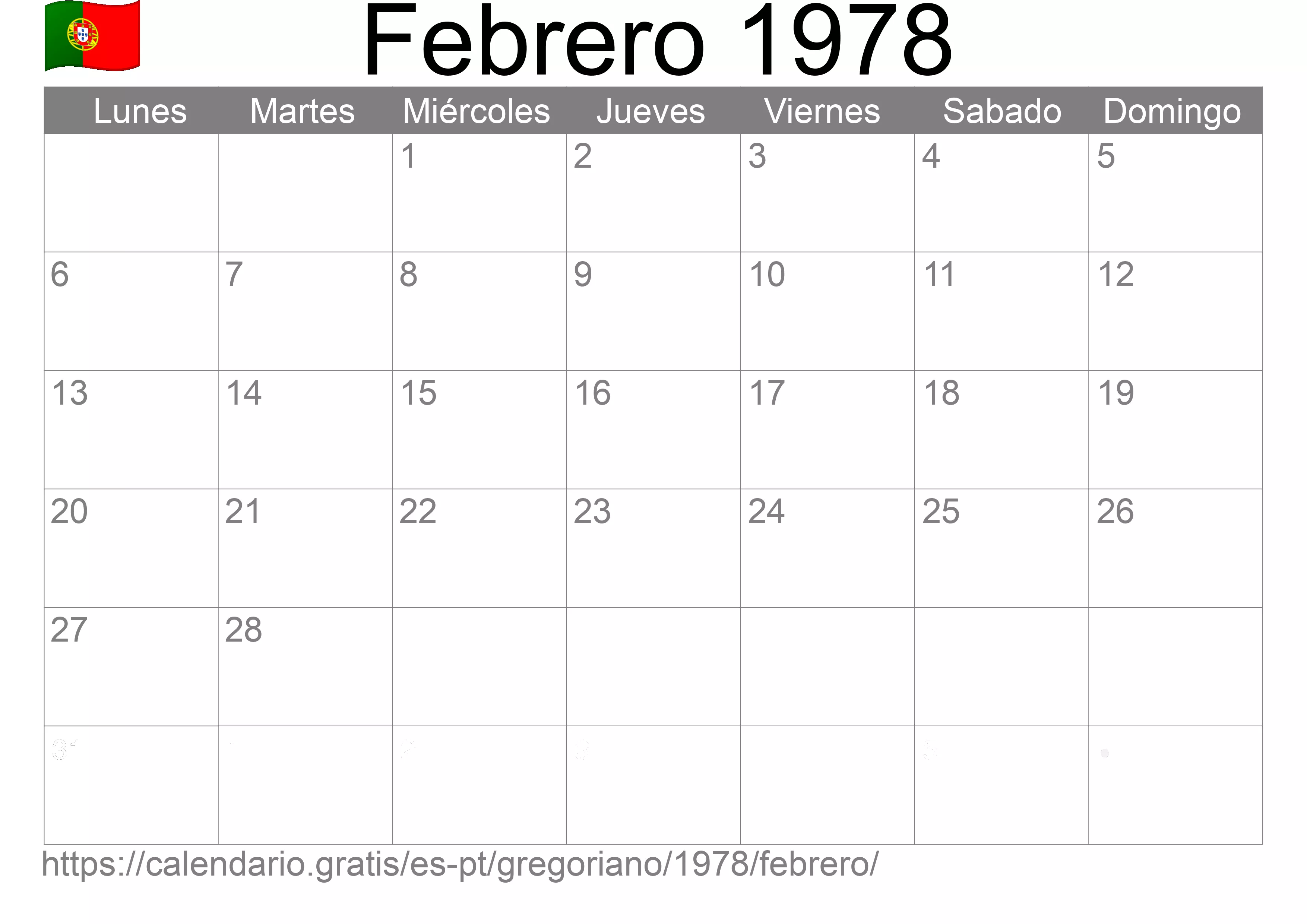 Calendario Febrero 1978 para imprimir (Portugal)