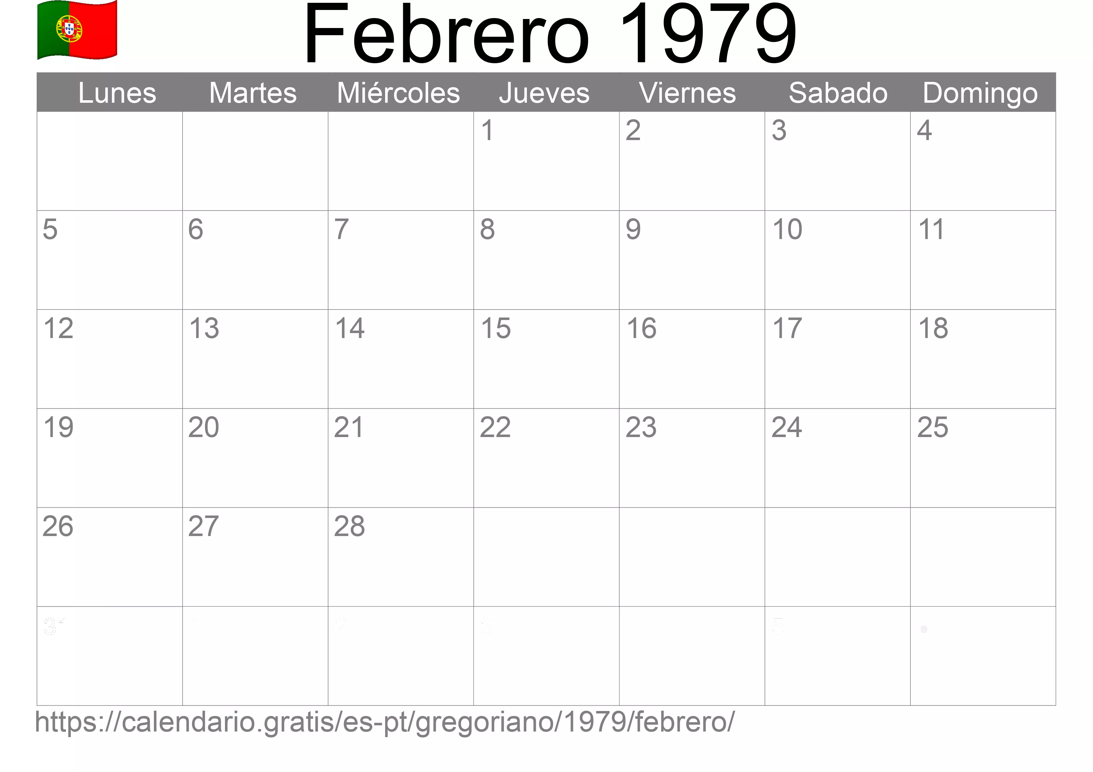 Calendario Febrero 1979 para imprimir (Portugal)