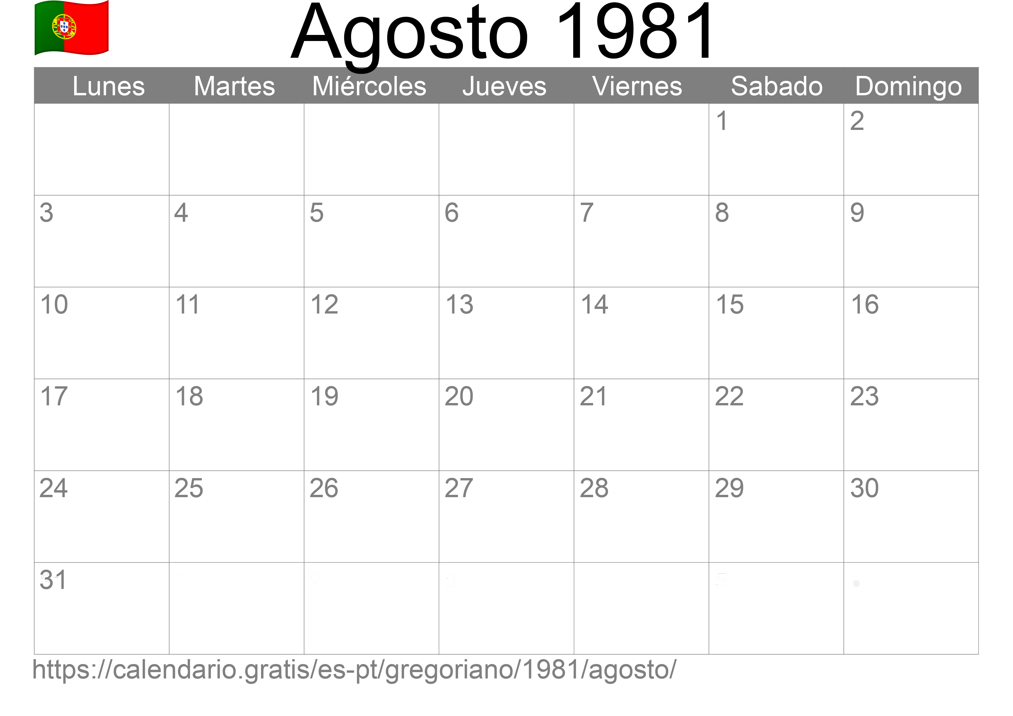 Calendario Agosto 1981 para imprimir