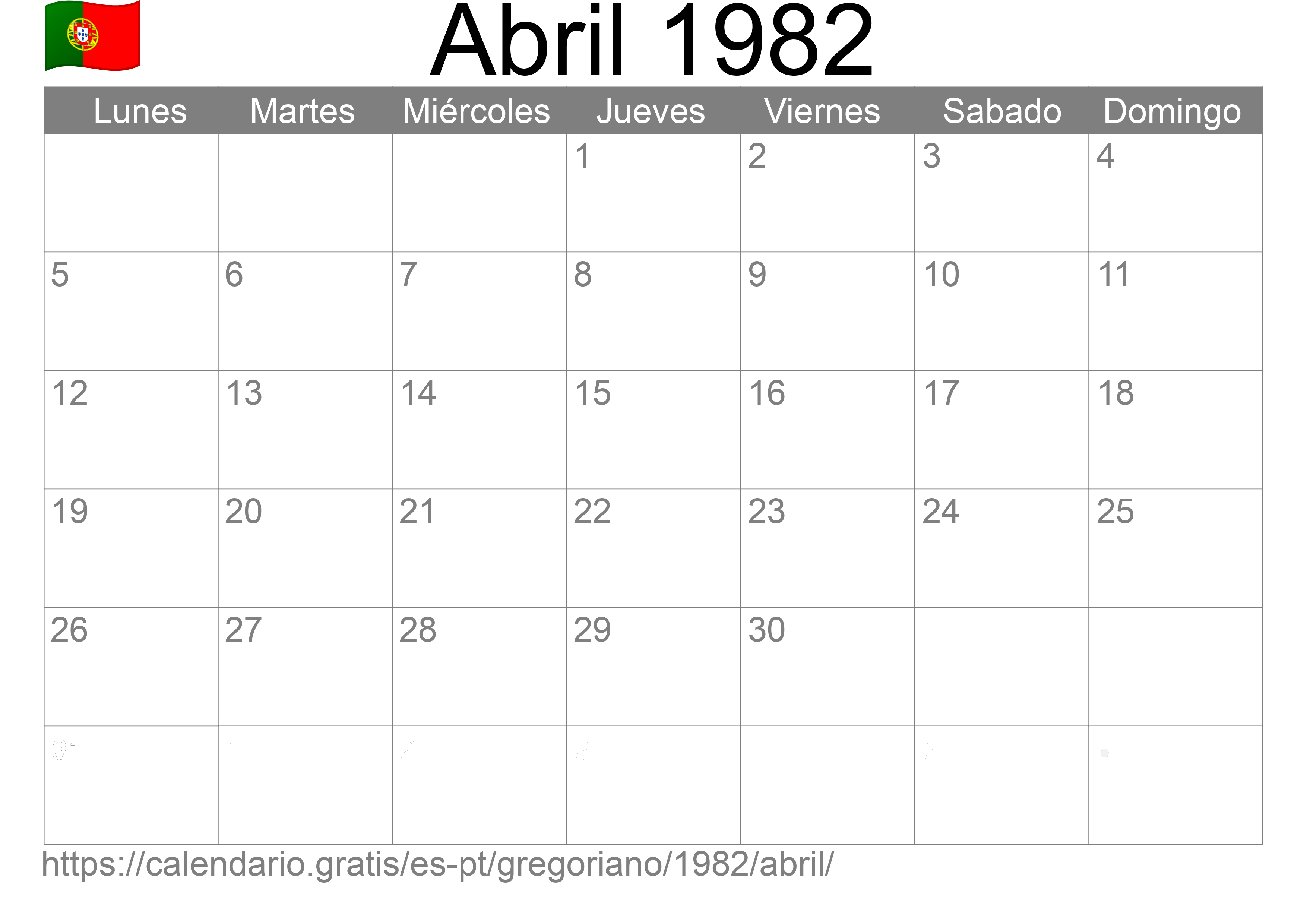 Calendario Abril 1982 para imprimir