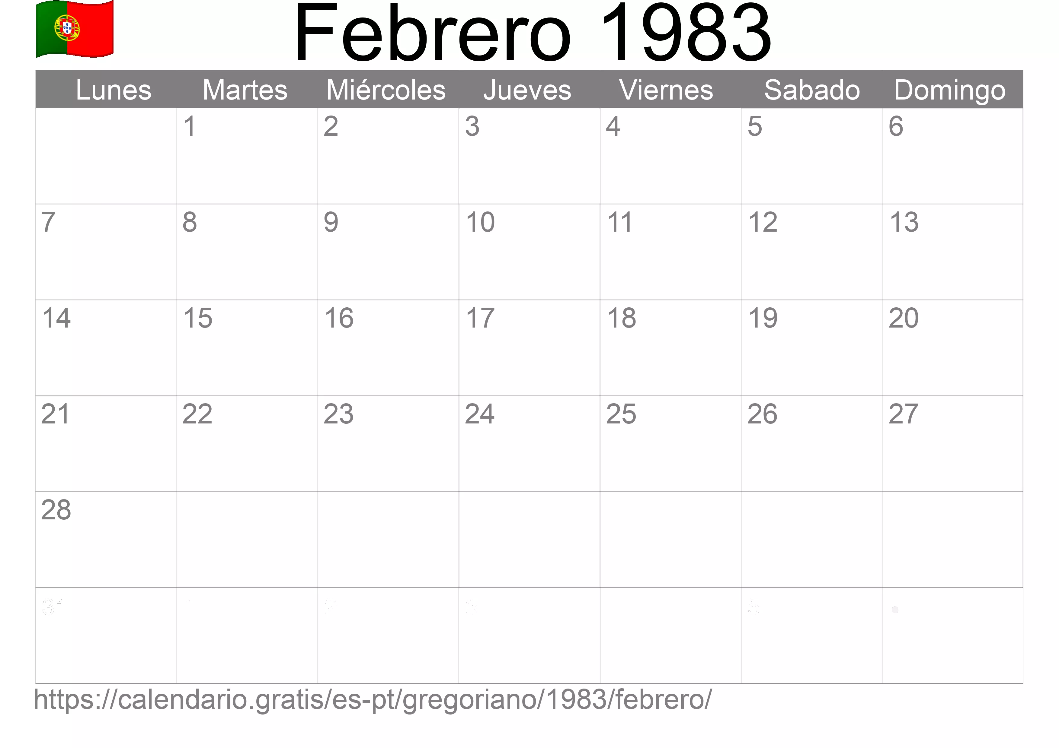 Calendario Febrero 1983 para imprimir (Portugal)