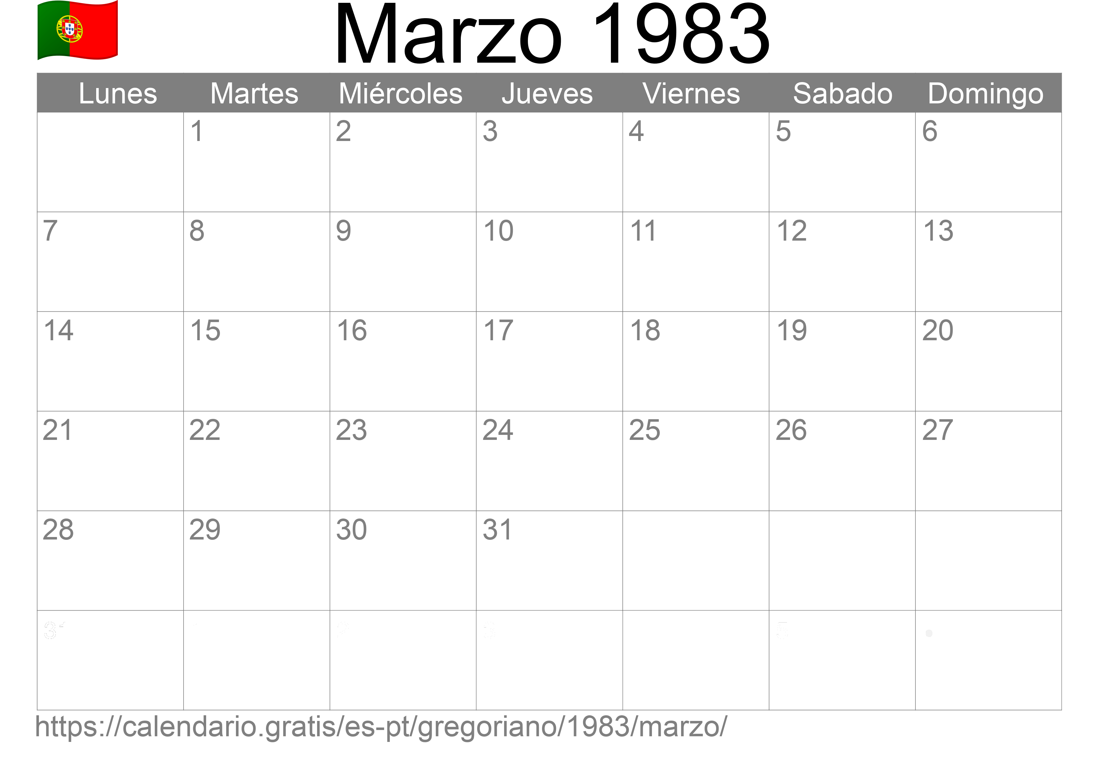 Calendario Marzo 1983 para imprimir