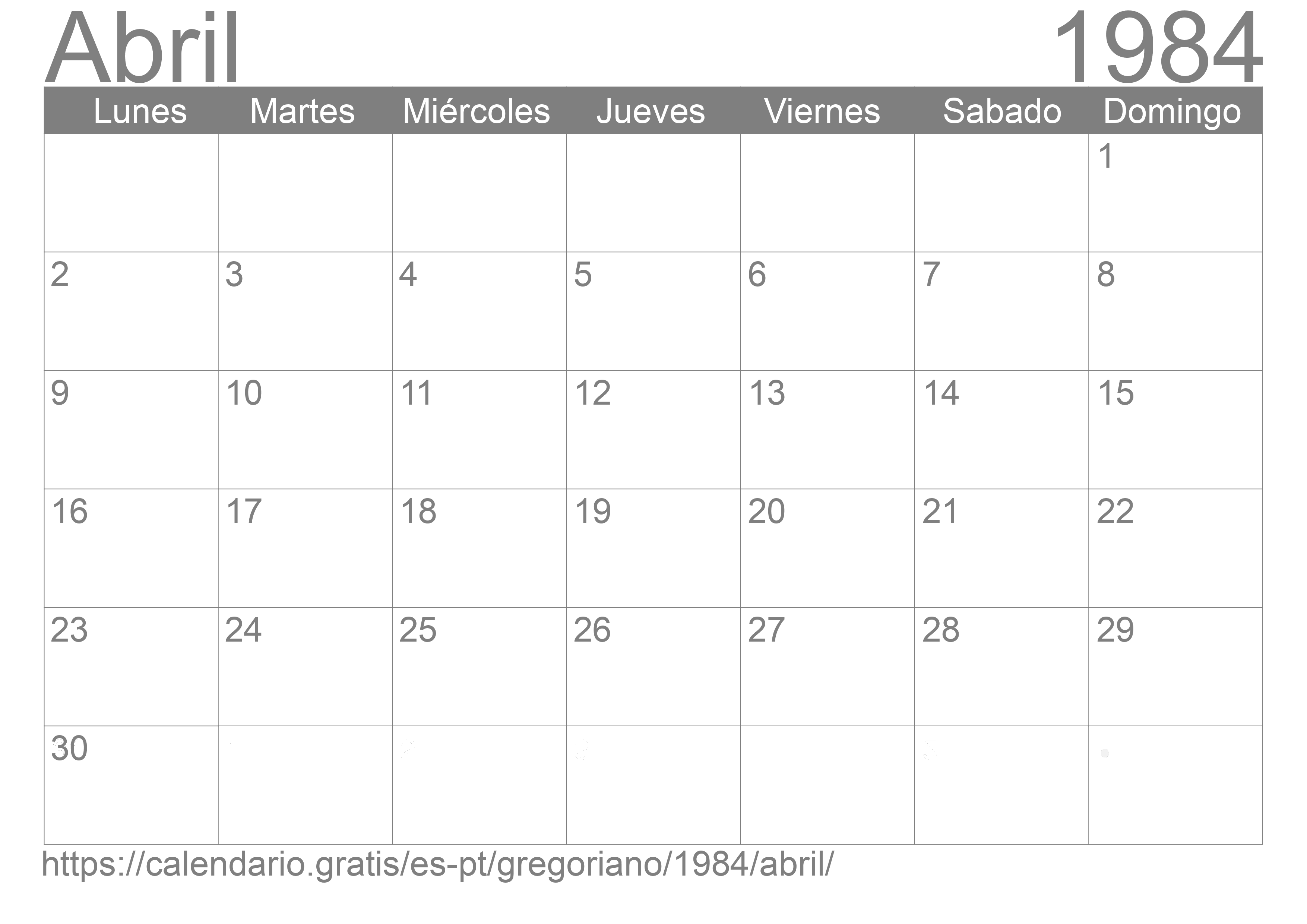 Calendario Abril 1984 para imprimir