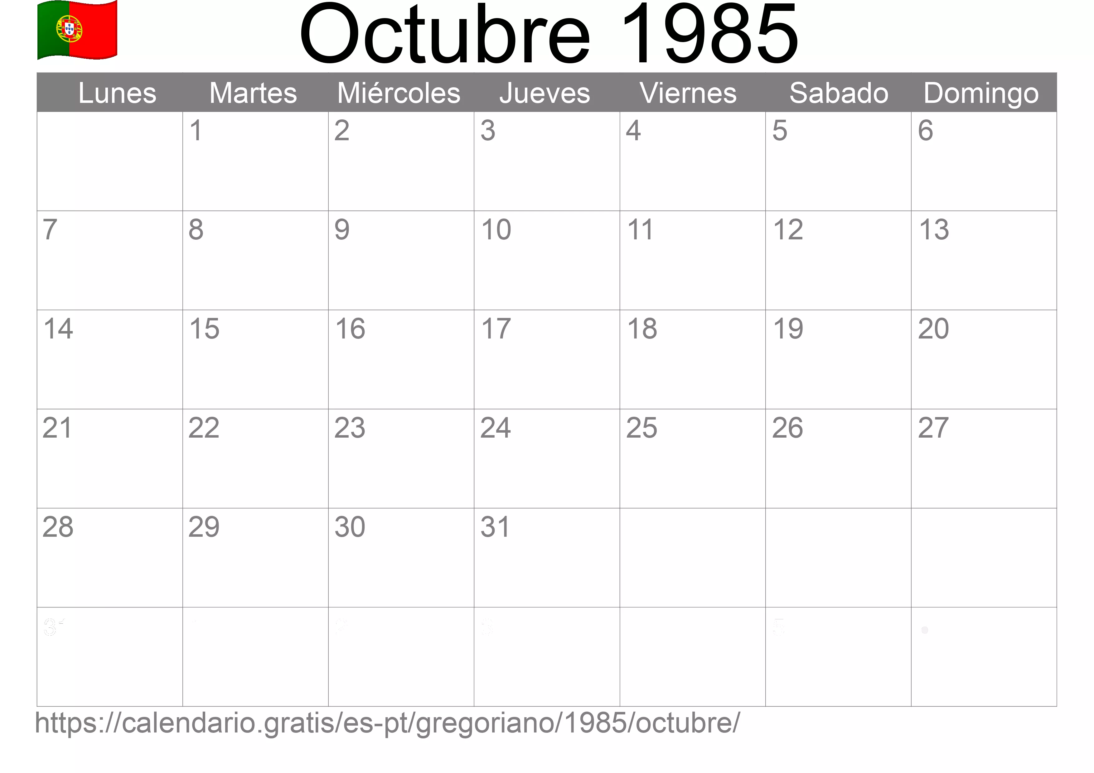Calendario Octubre 1985 para imprimir (Portugal)