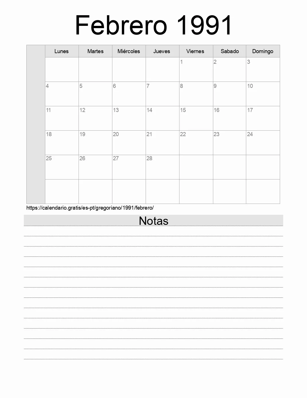 Calendario Febrero 1991 para imprimir con notas. (Portugal)