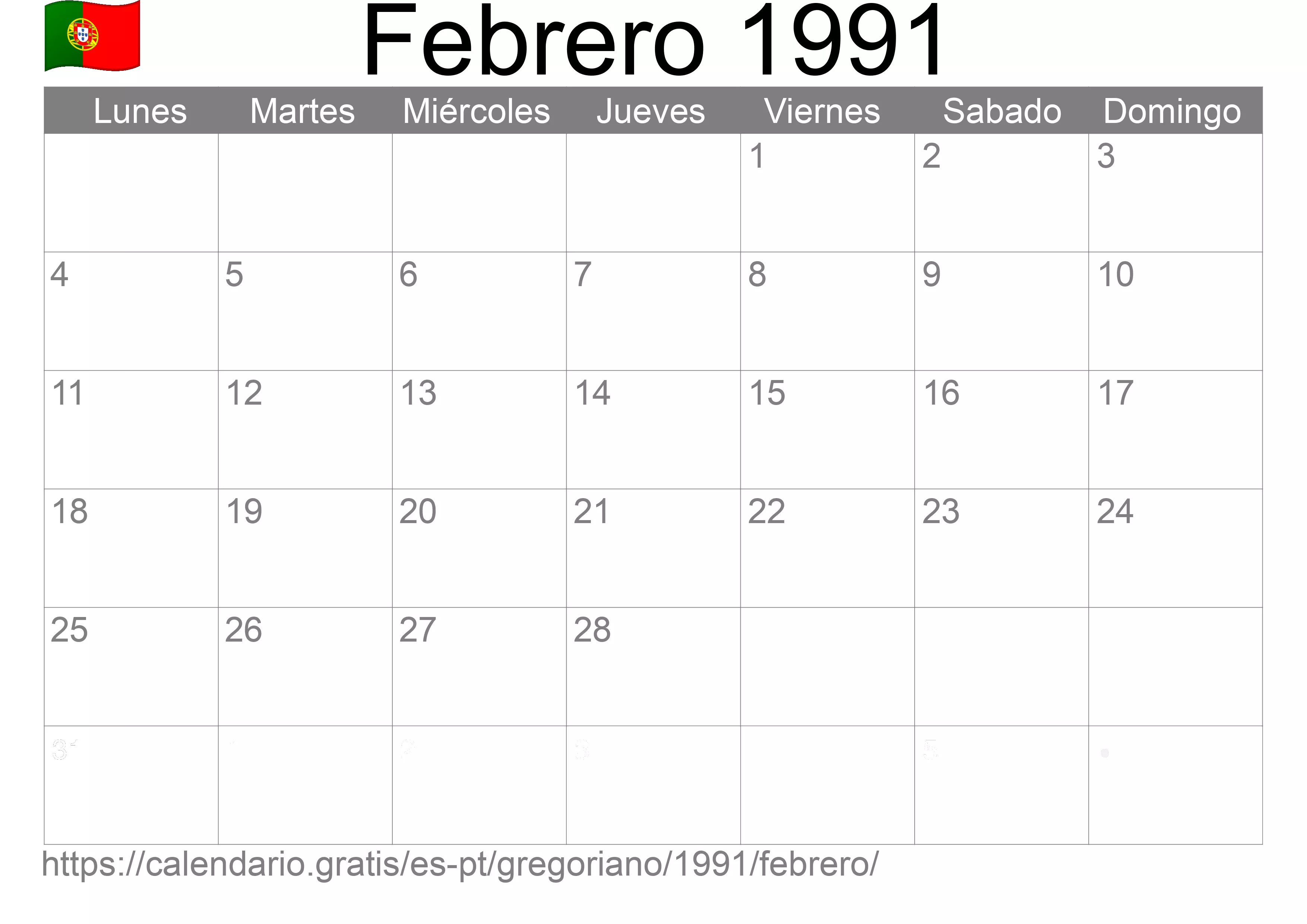 Calendario Febrero 1991 para imprimir (Portugal)