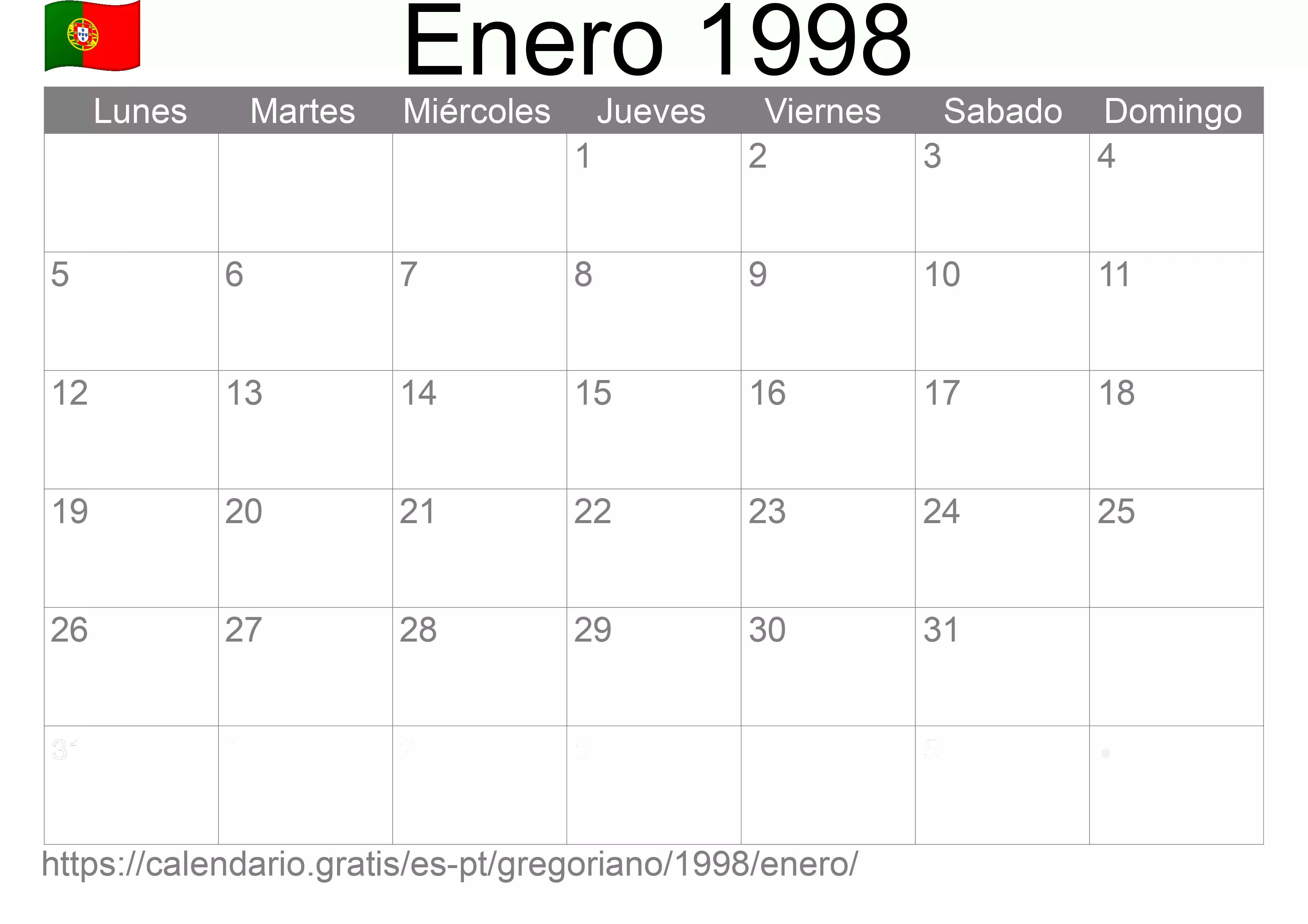 Calendario Enero 1998 para imprimir (Portugal)