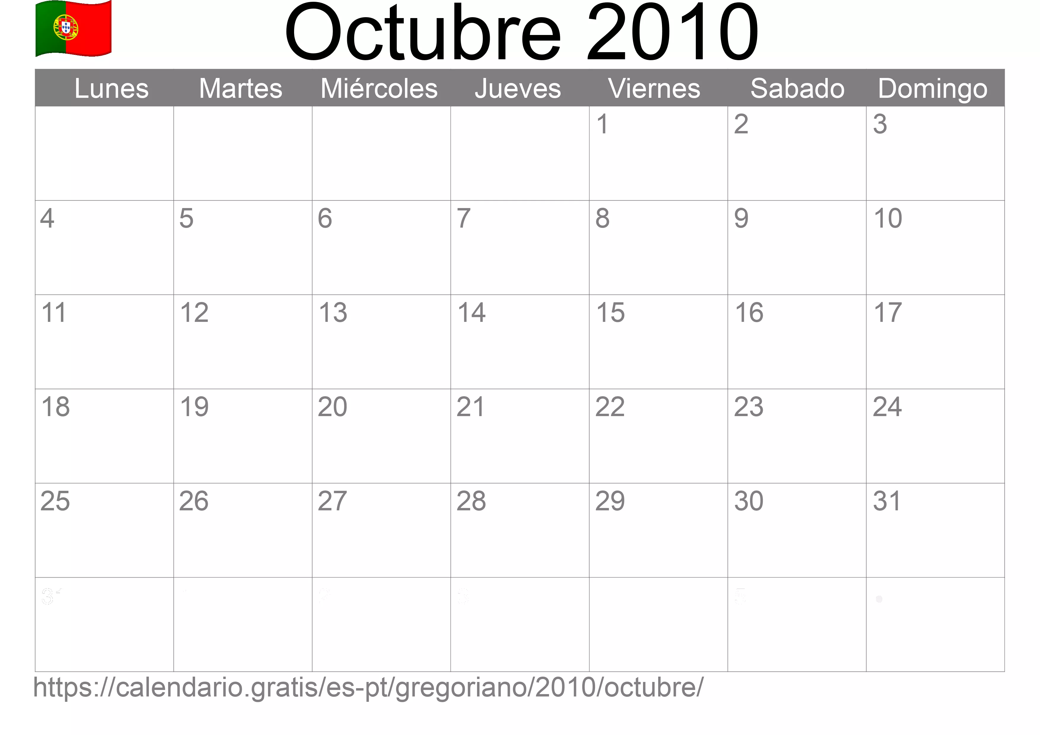 Calendario Octubre 2010 para imprimir (Portugal)
