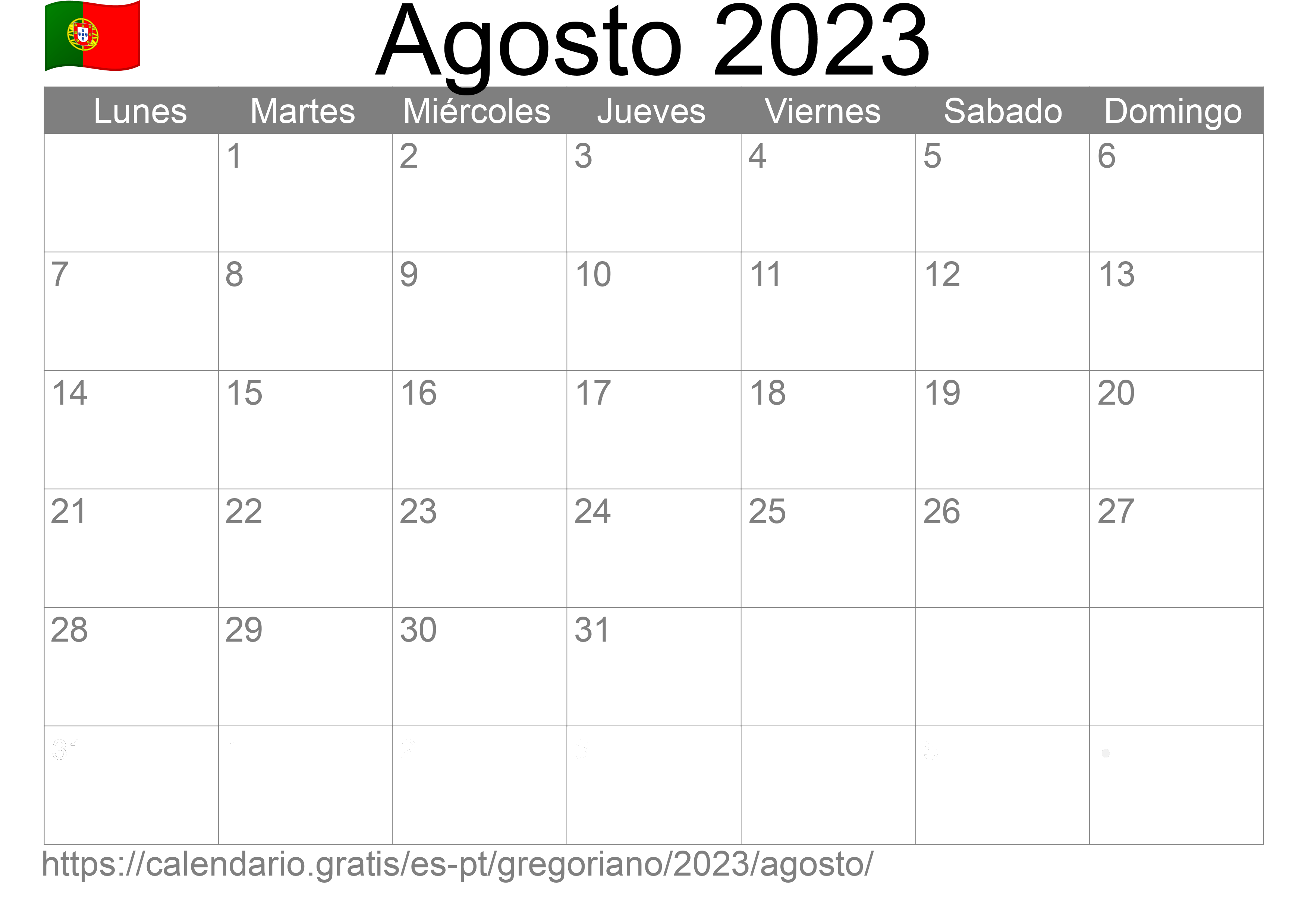 Calendario Agosto 2023 para imprimir