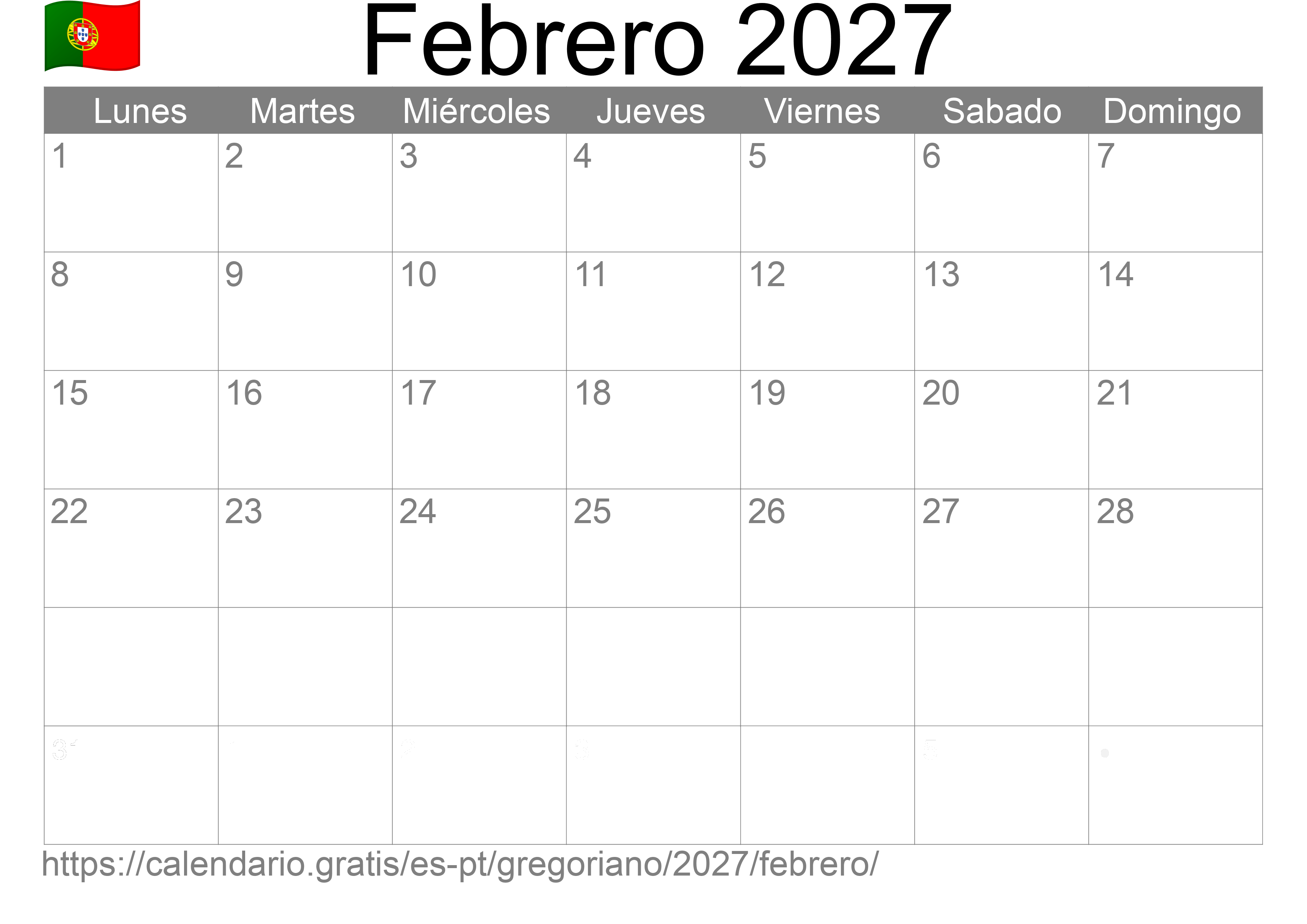 Calendario Febrero 2027 para imprimir