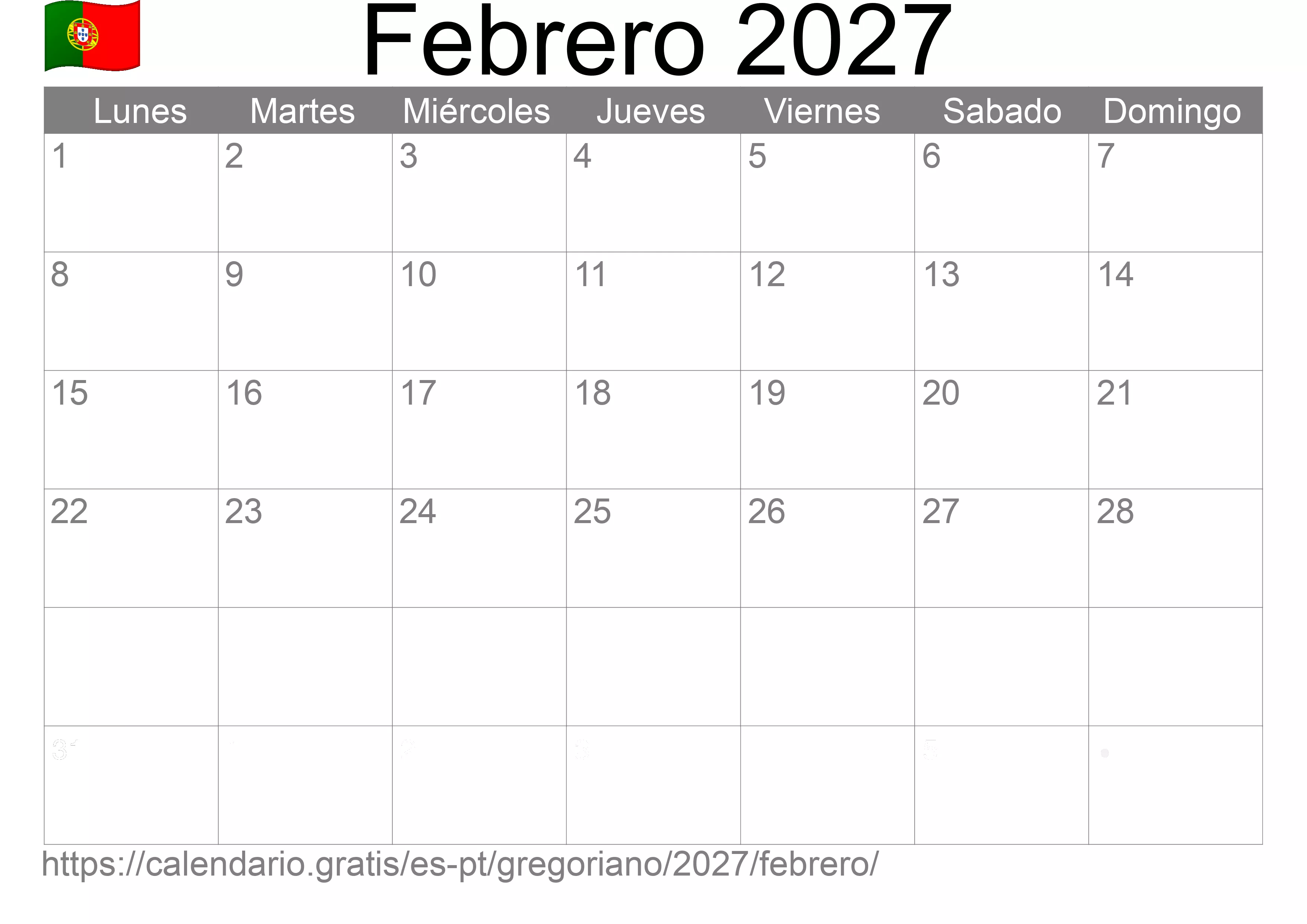 Calendario Febrero 2027 para imprimir (Portugal)