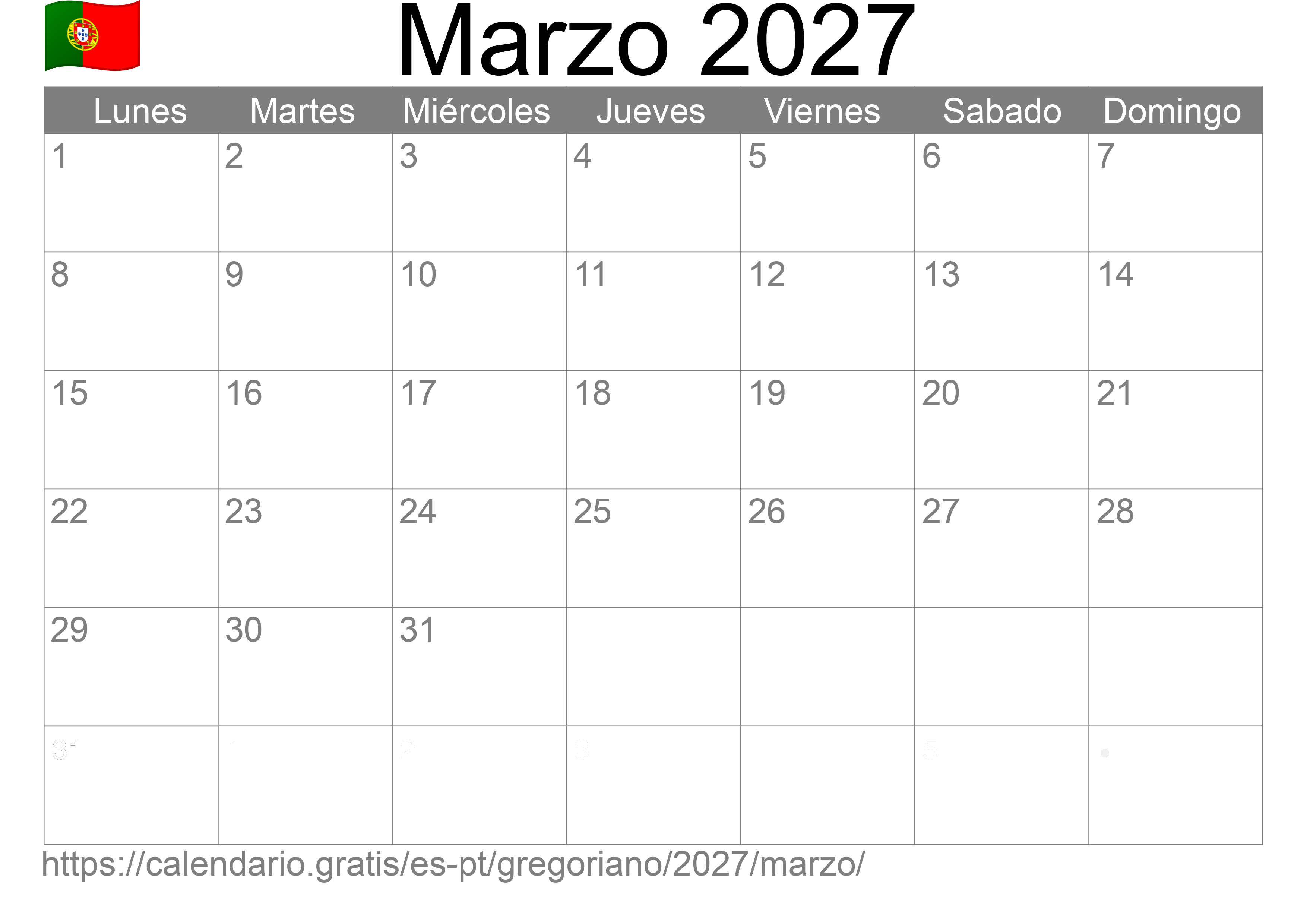 Calendario Marzo 2027 para imprimir