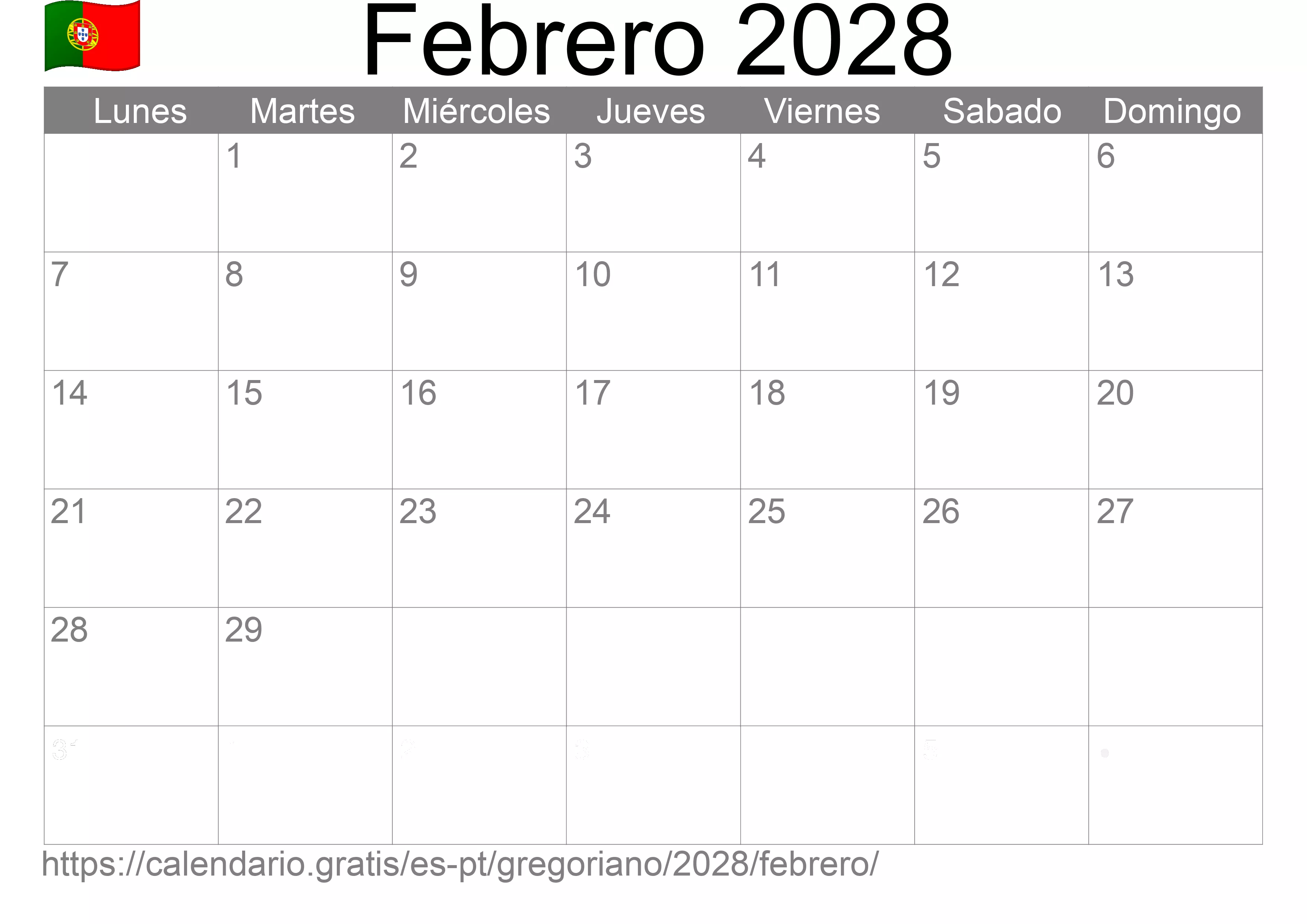 Calendario Febrero 2028 para imprimir (Portugal)