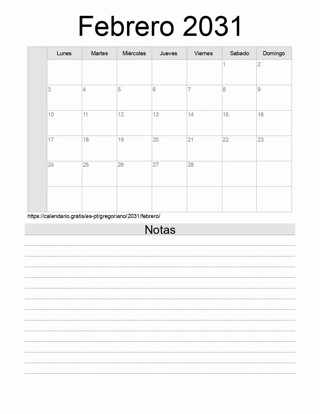 Calendario Febrero 2031 para imprimir con notas. (Portugal)