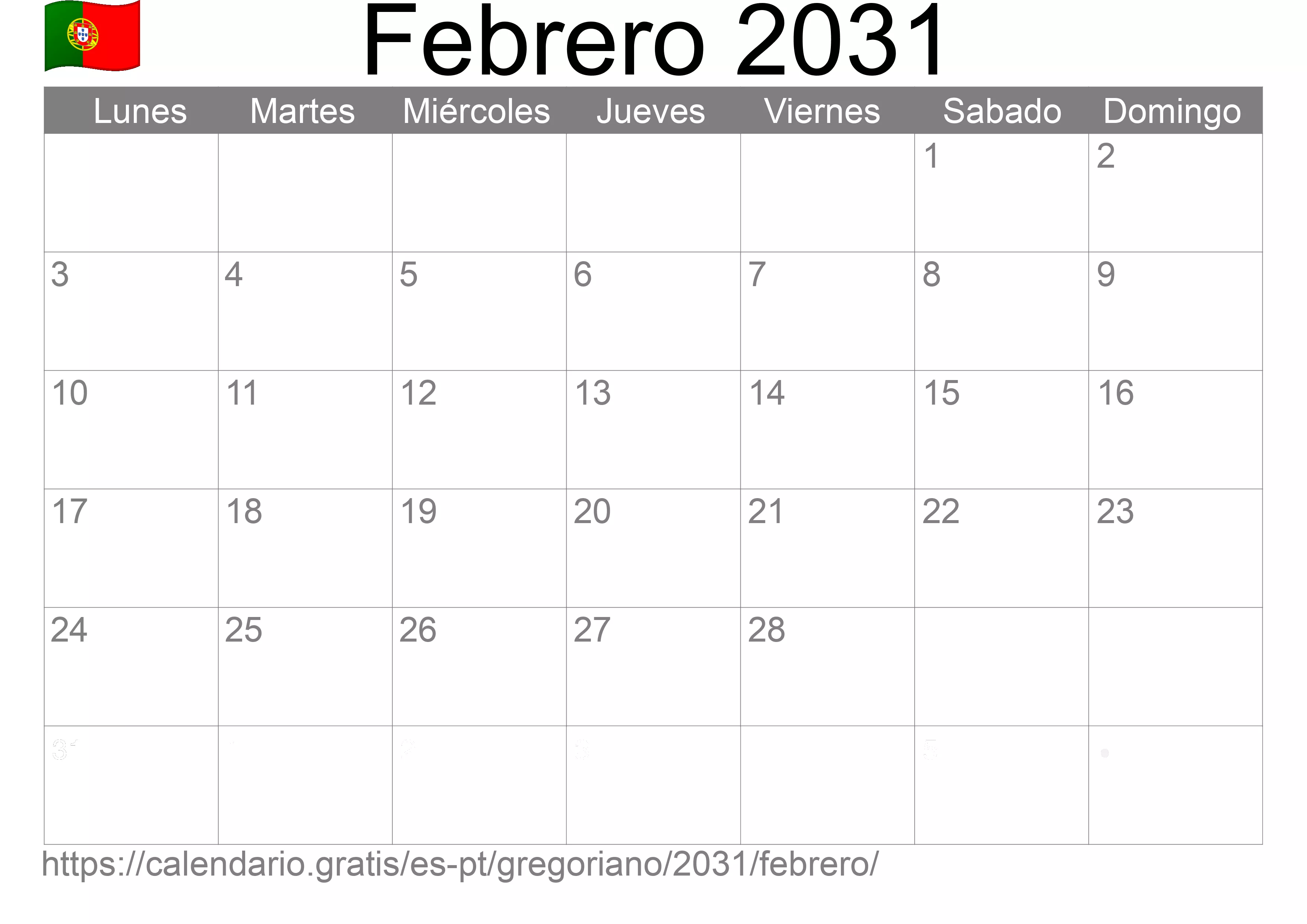 Calendario Febrero 2031 para imprimir (Portugal)