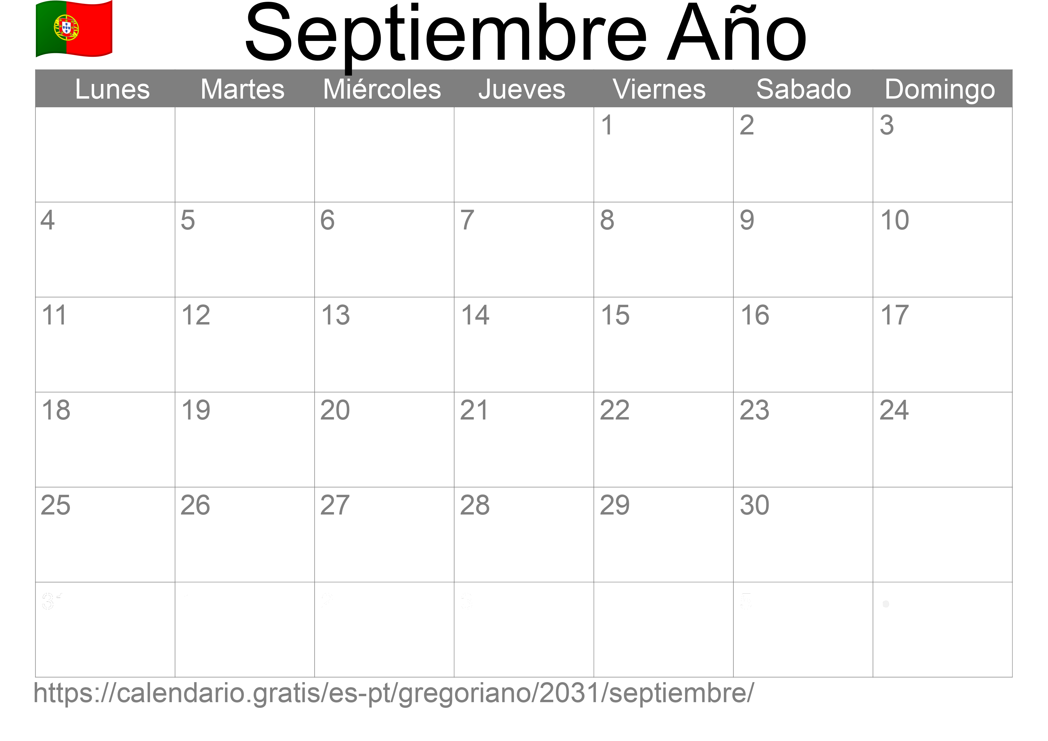 Calendario Septiembre 2031 para imprimir