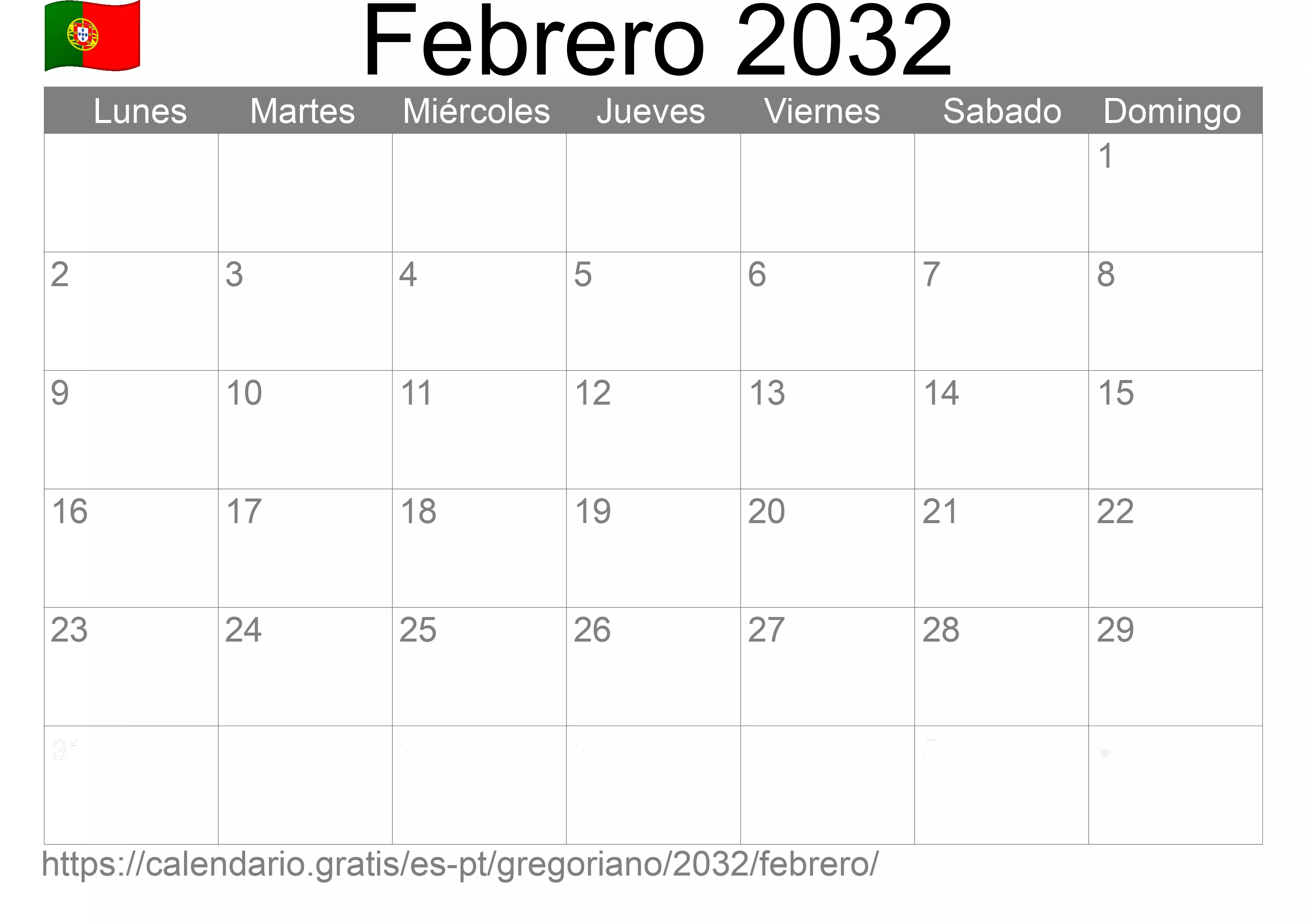 Calendario Febrero 2032 para imprimir (Portugal)