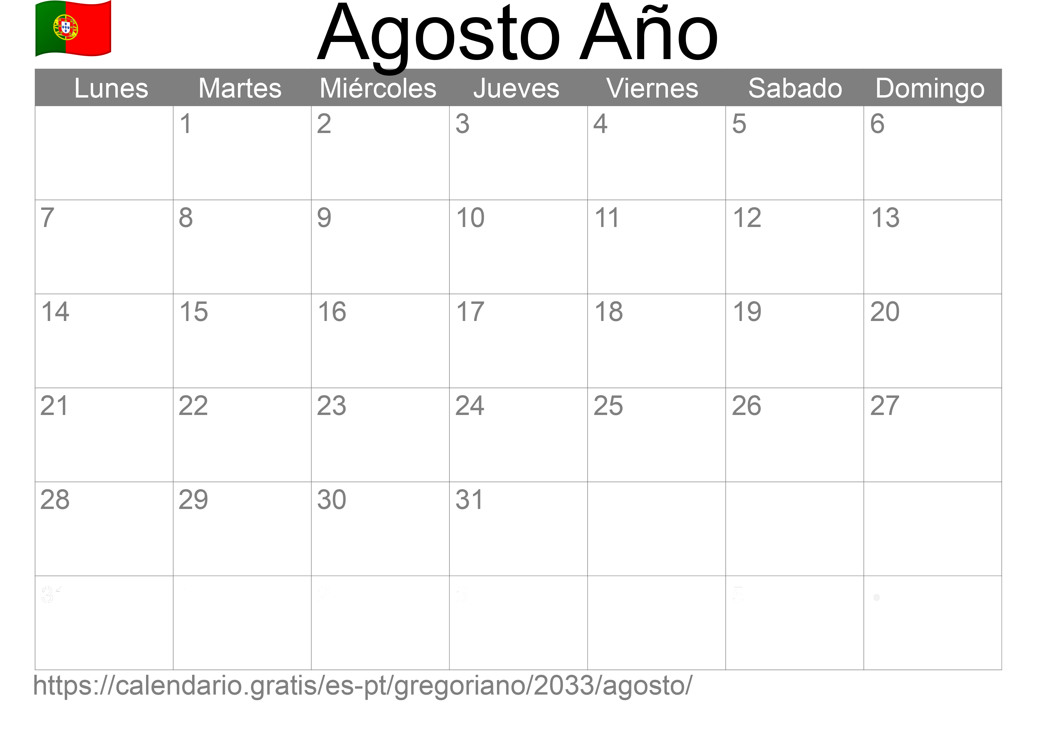 Calendario Agosto 2033 para imprimir