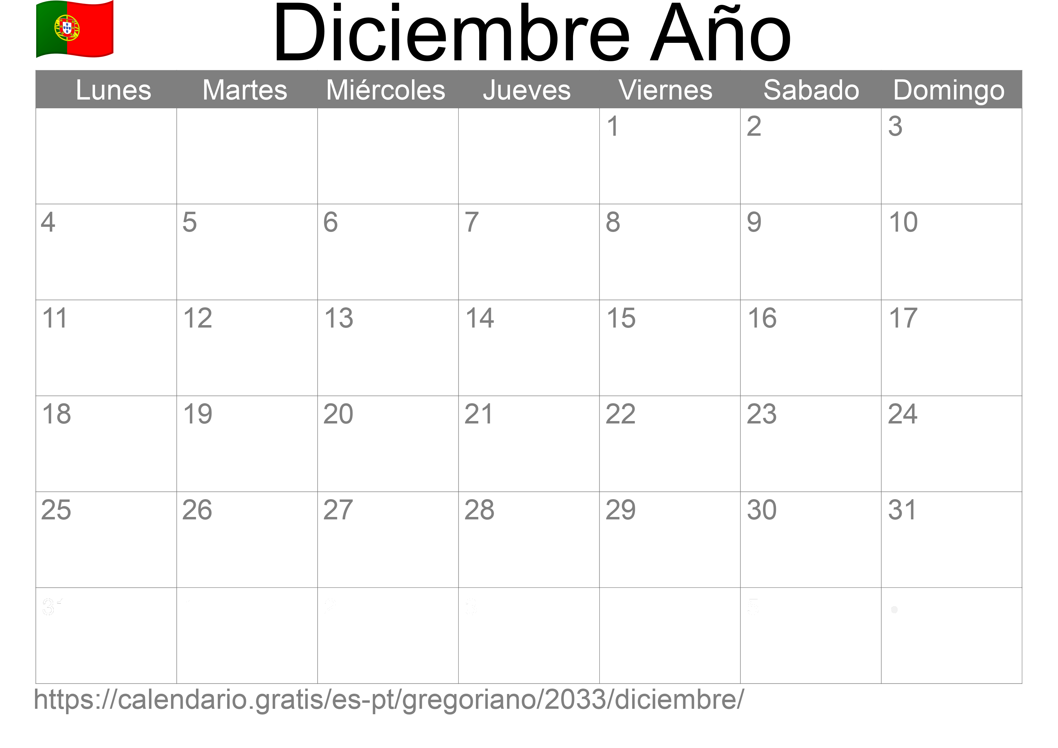 Calendario Diciembre 2033 para imprimir