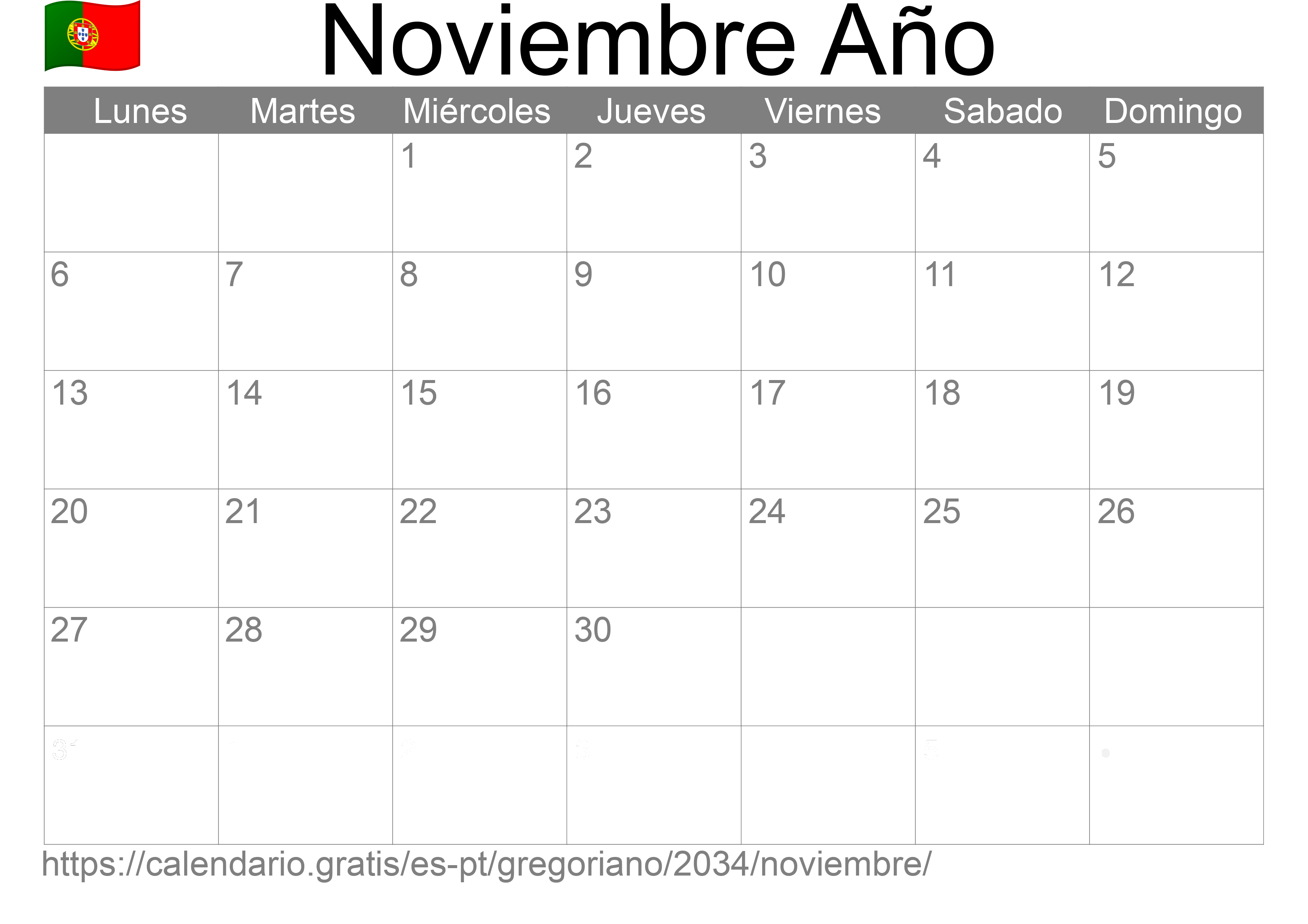 Calendario Noviembre 2034 para imprimir