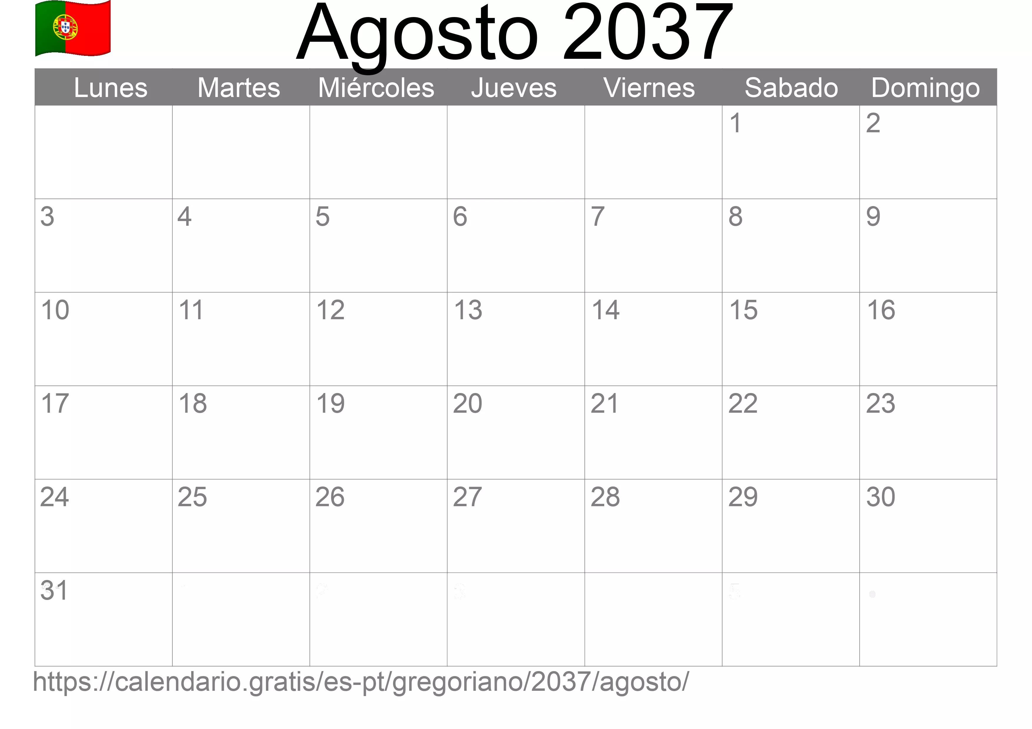 Calendario Agosto 2037 para imprimir (Portugal)