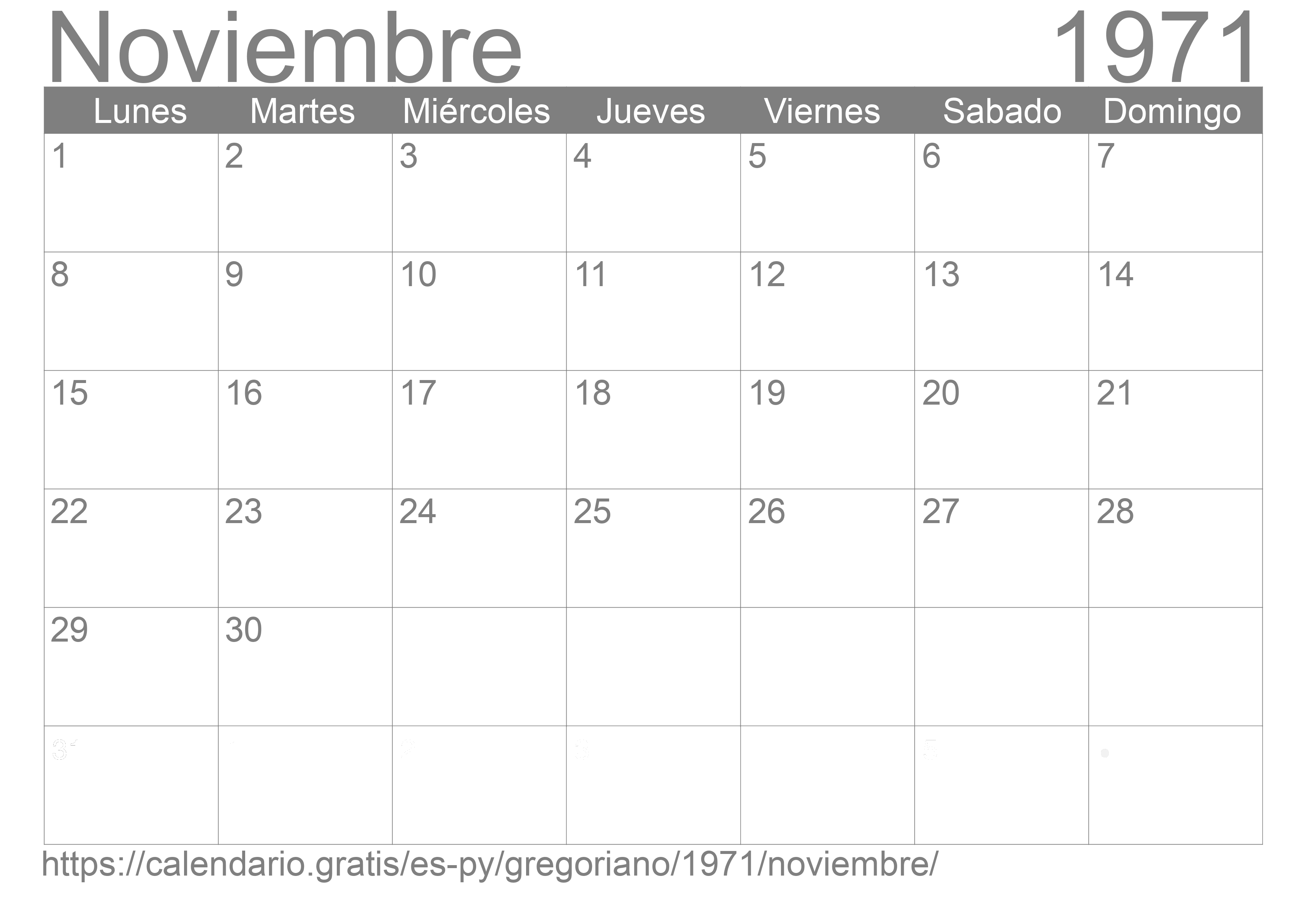 Calendario Noviembre 1971 para imprimir