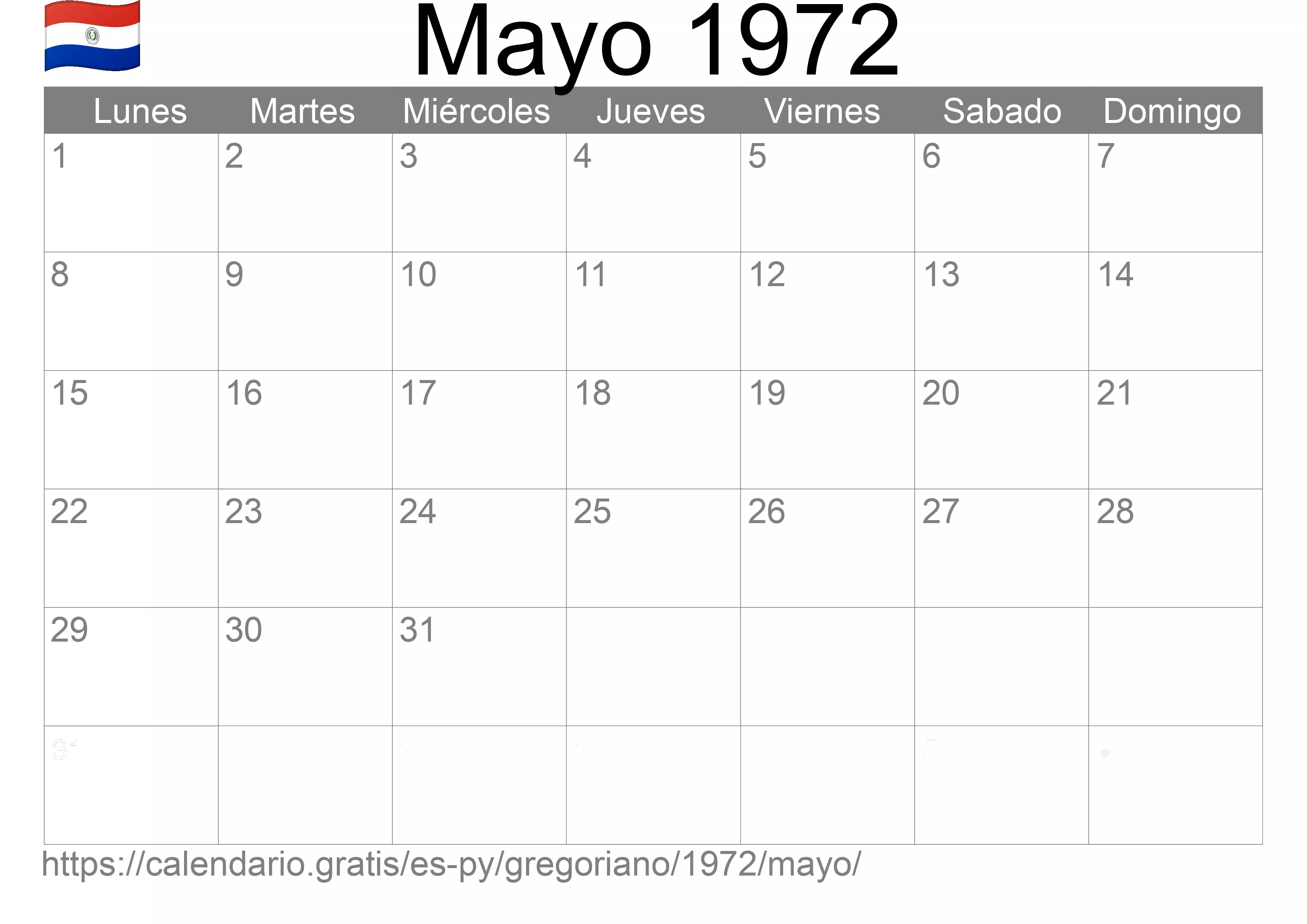 Calendario Mayo 1972 para imprimir (Paraguay)