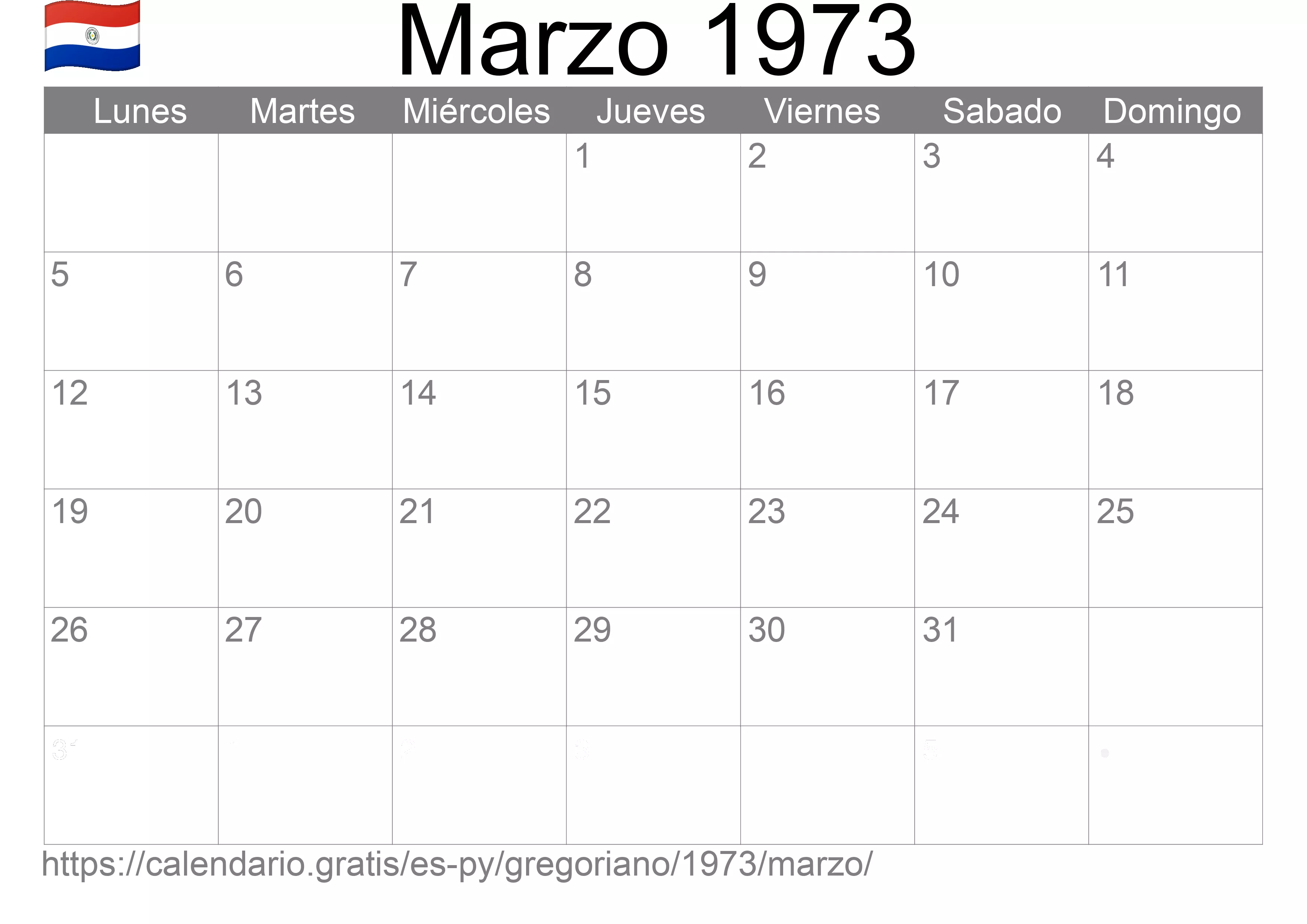 Calendario Marzo 1973 para imprimir (Paraguay)