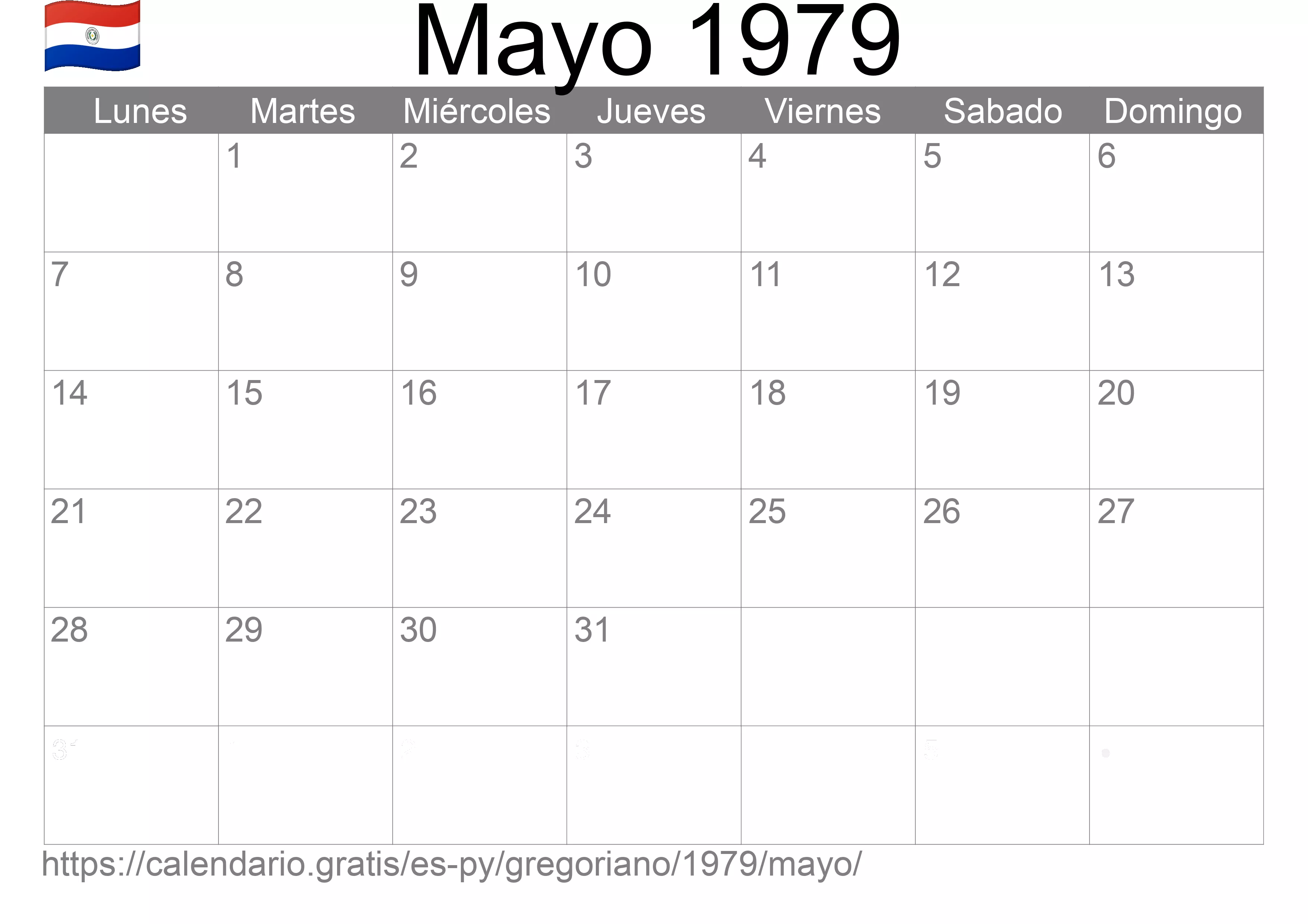 Calendario Mayo 1979 para imprimir (Paraguay)