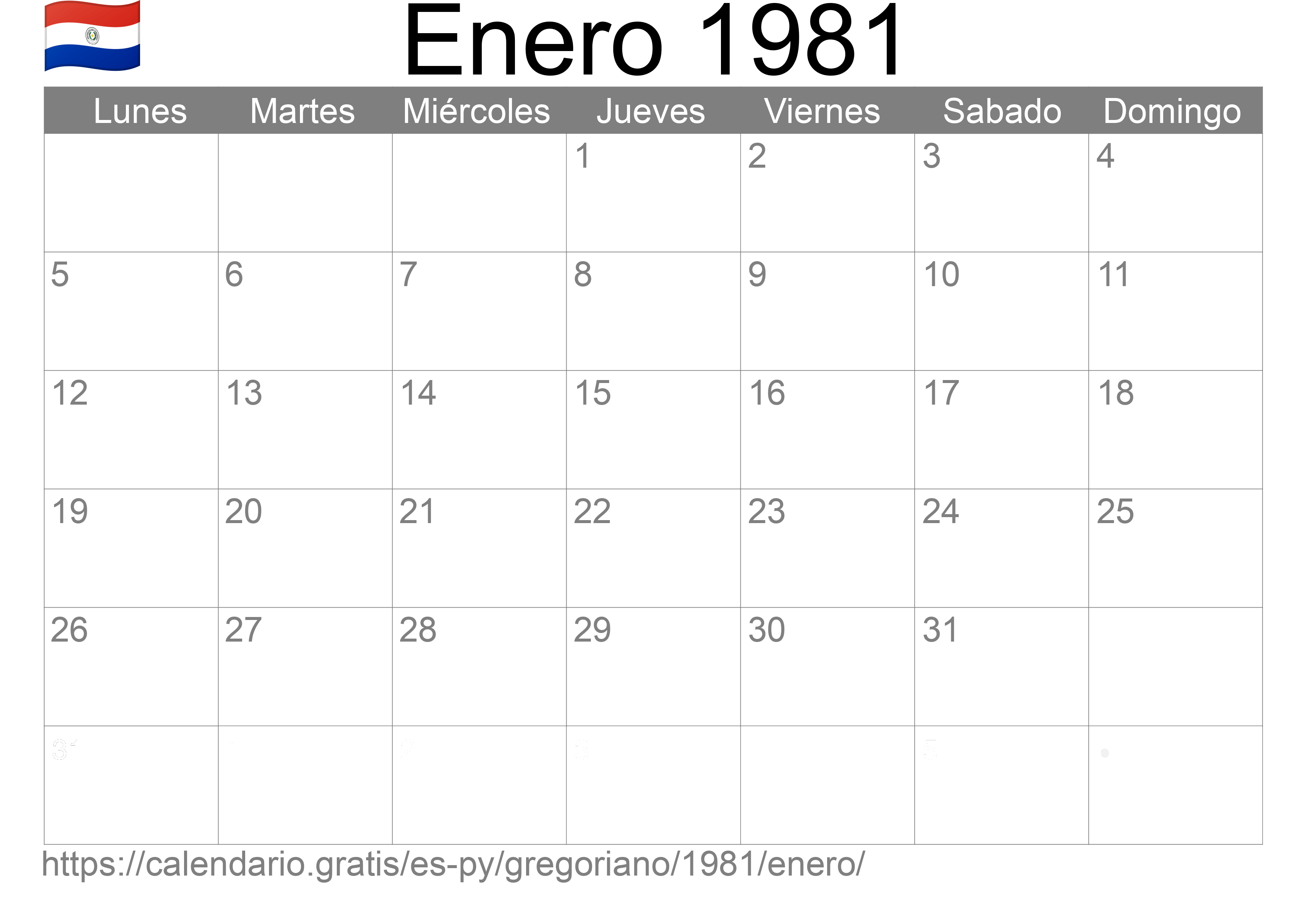 Calendario Enero 1981 para imprimir