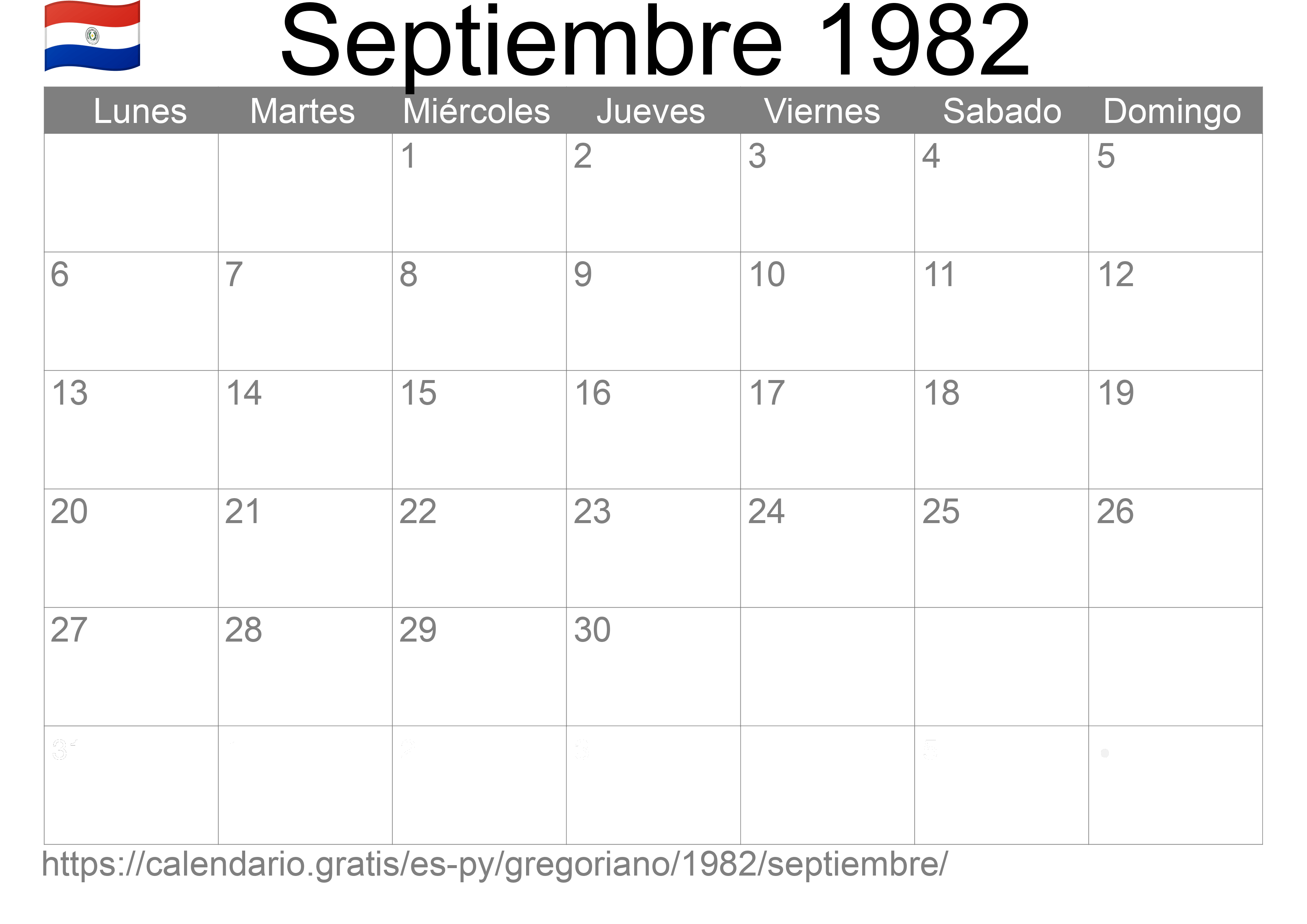 Calendario Septiembre 1982 para imprimir