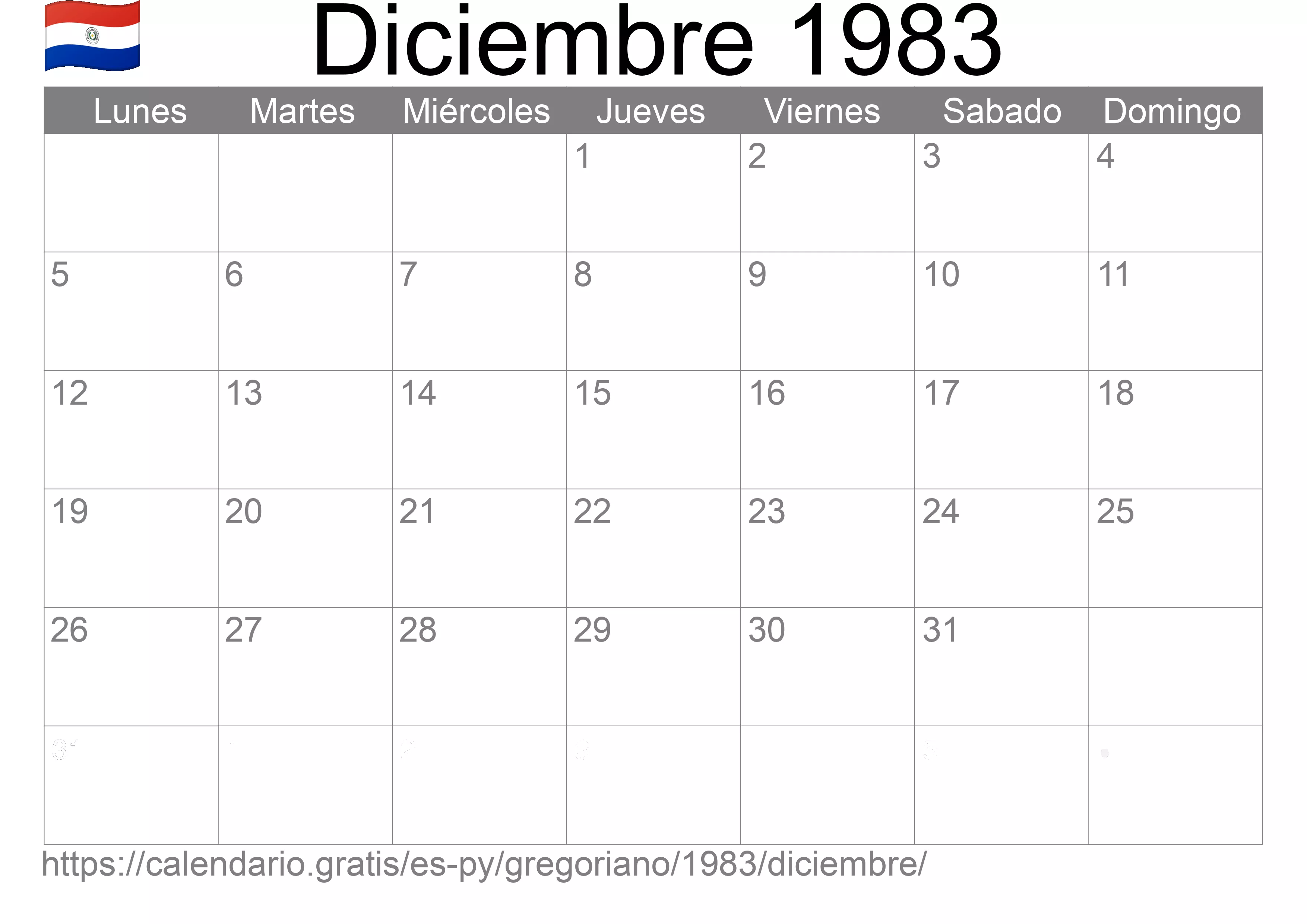 Calendario Diciembre 1983 para imprimir (Paraguay)