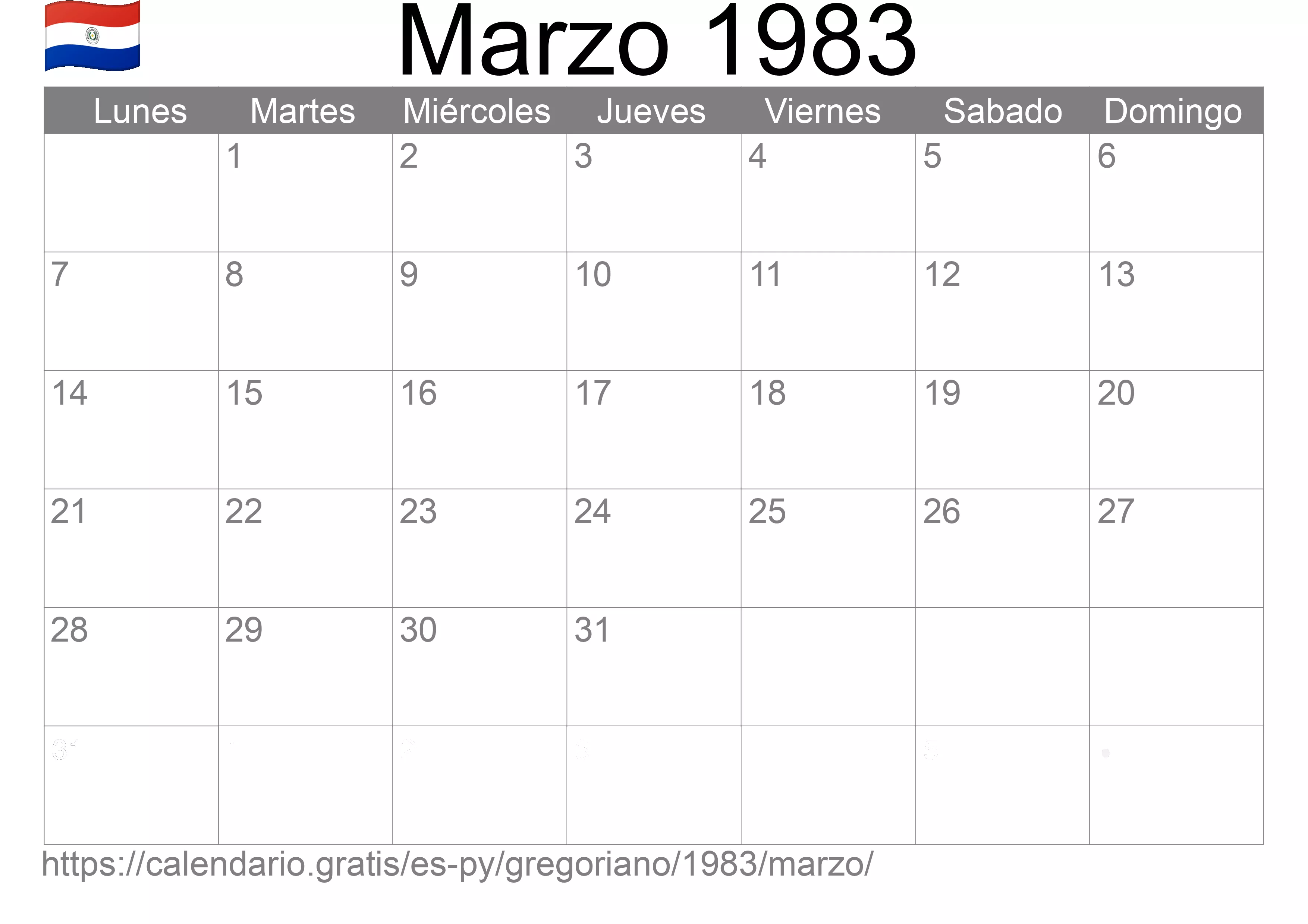 Calendario Marzo 1983 para imprimir (Paraguay) Calendario Marzo 1983 para imprimir (Paraguay)