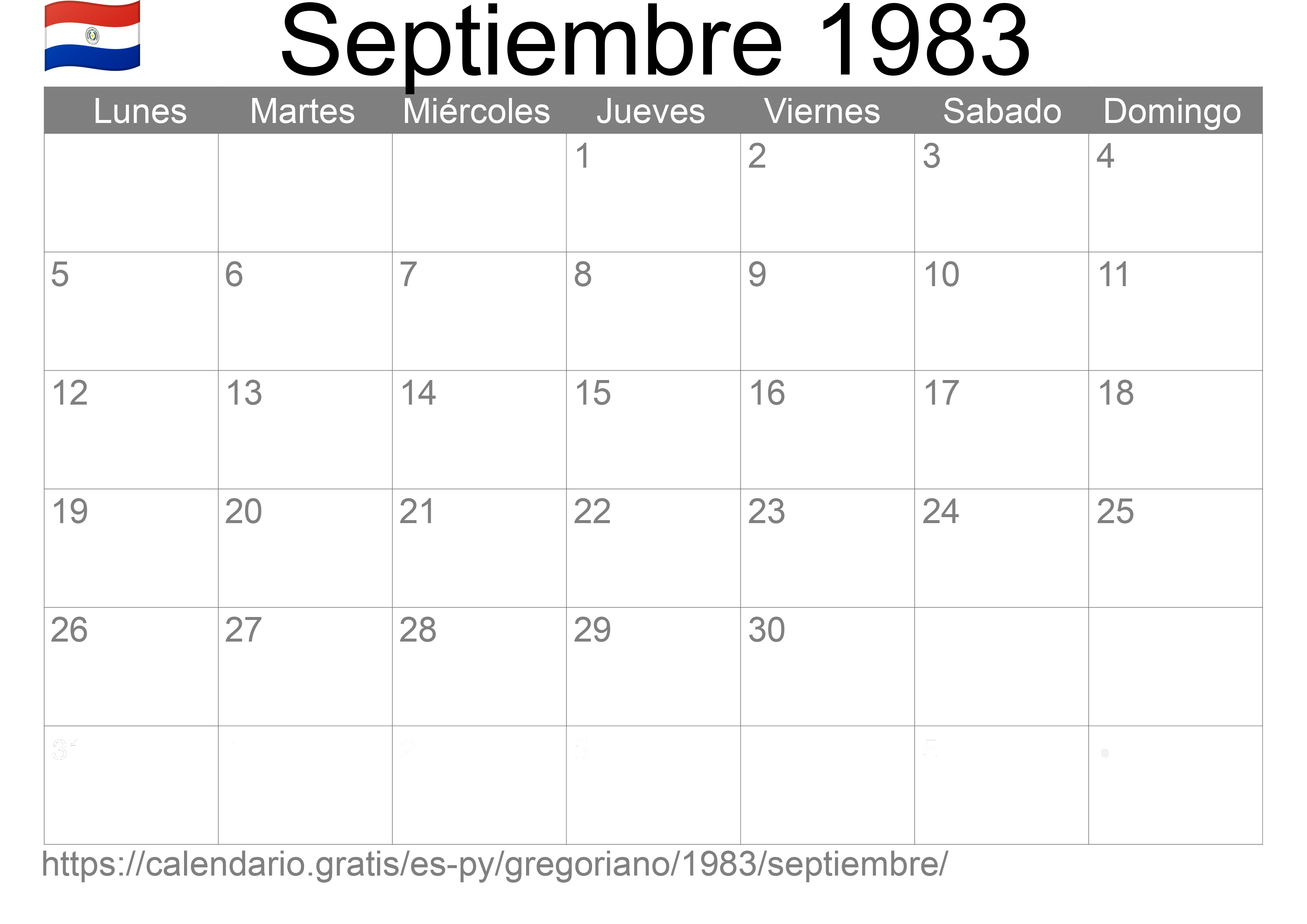 Calendario Septiembre 1983 para imprimir